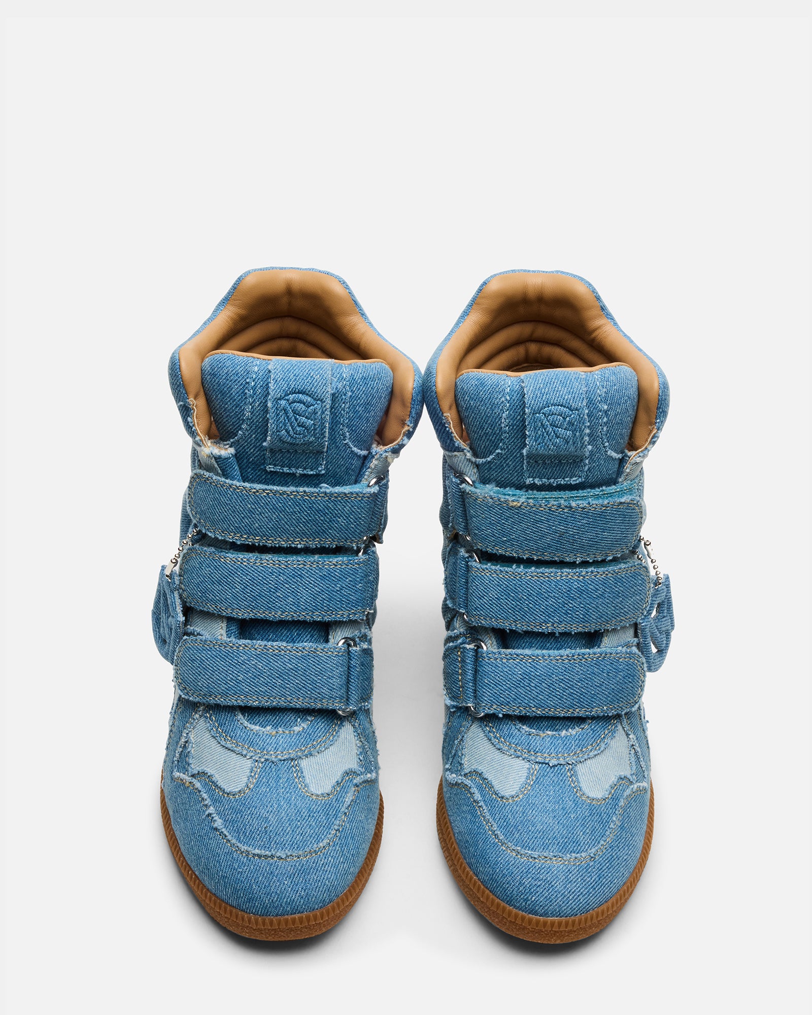 Front view of MAVIS Denim Multi high-top sneakers with Velcro closure, ideal for casual outfits