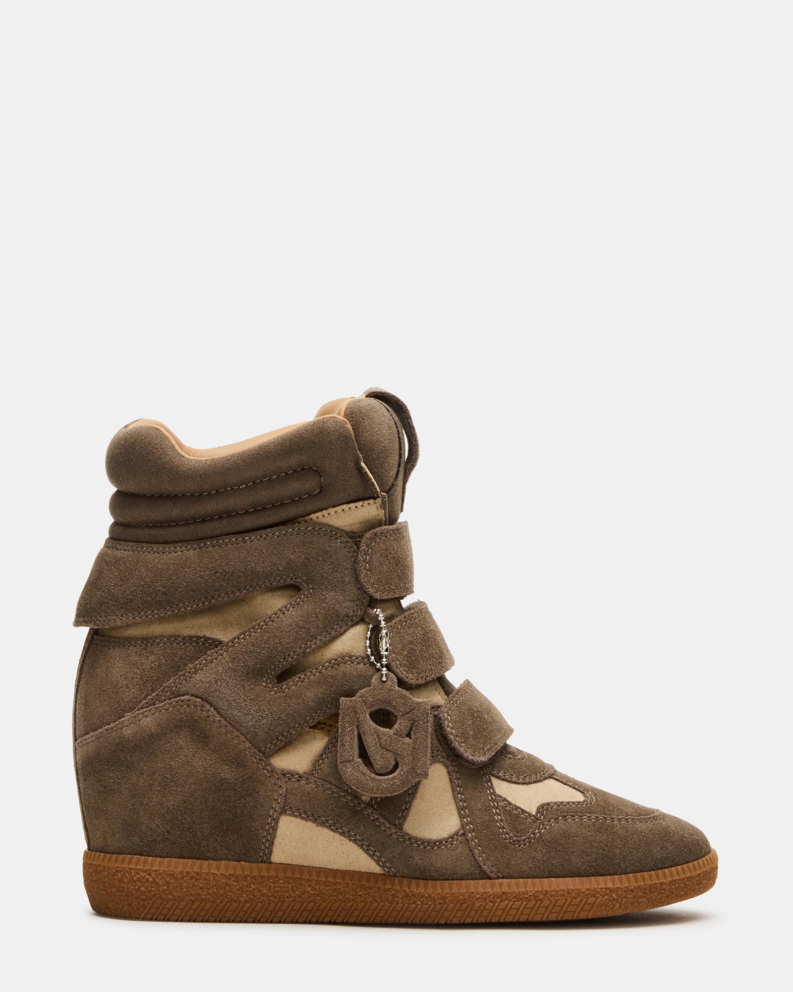 Mavis taupe high-top sneakers from the side, highlighting the Velcro closure.