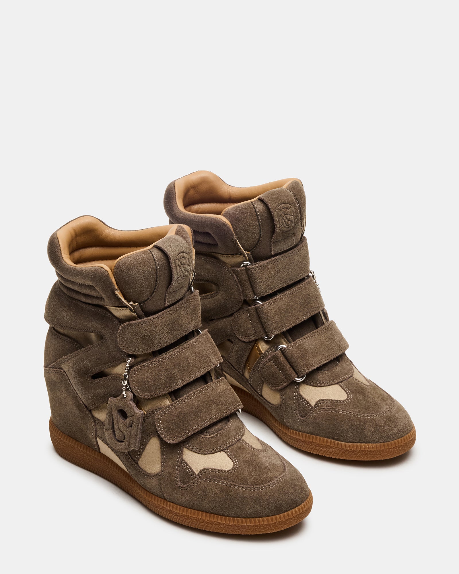 Close-up of Mavis taupe sneakers, emphasizing the premium suede texture.