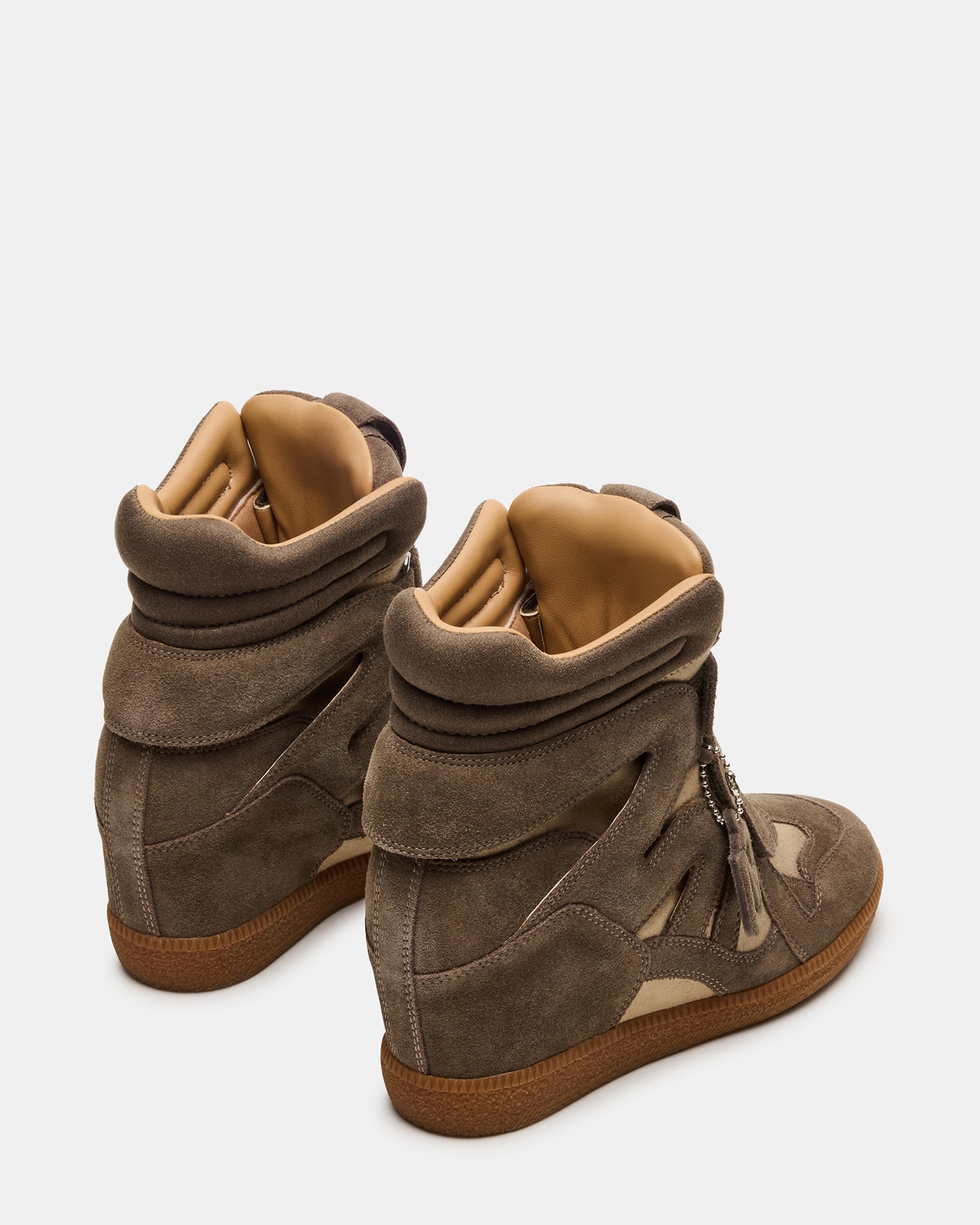Close-up of Mavis taupe sneakers, emphasizing the premium suede texture.