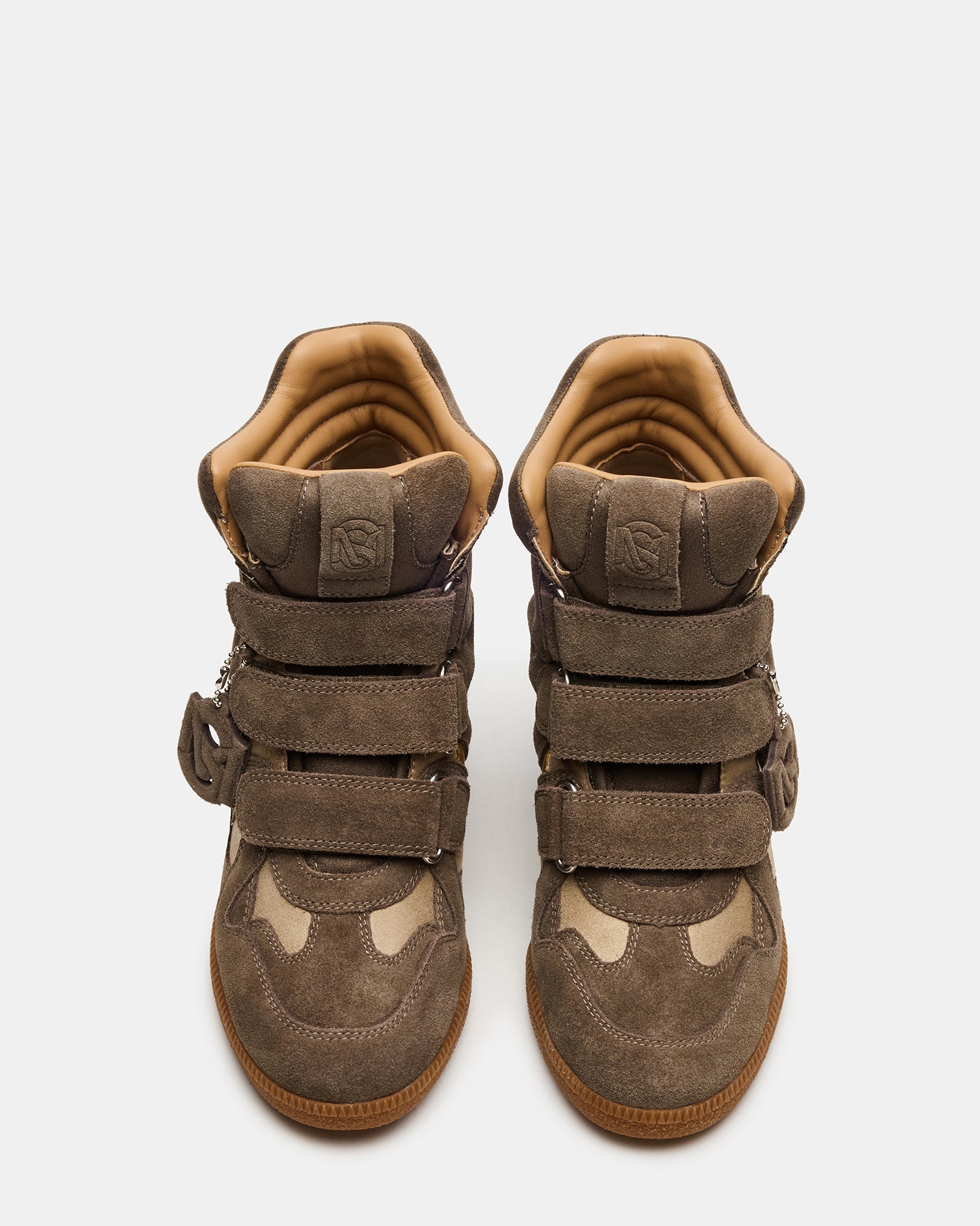 Mavis taupe high-top sneakers from the side, highlighting the Velcro closure.