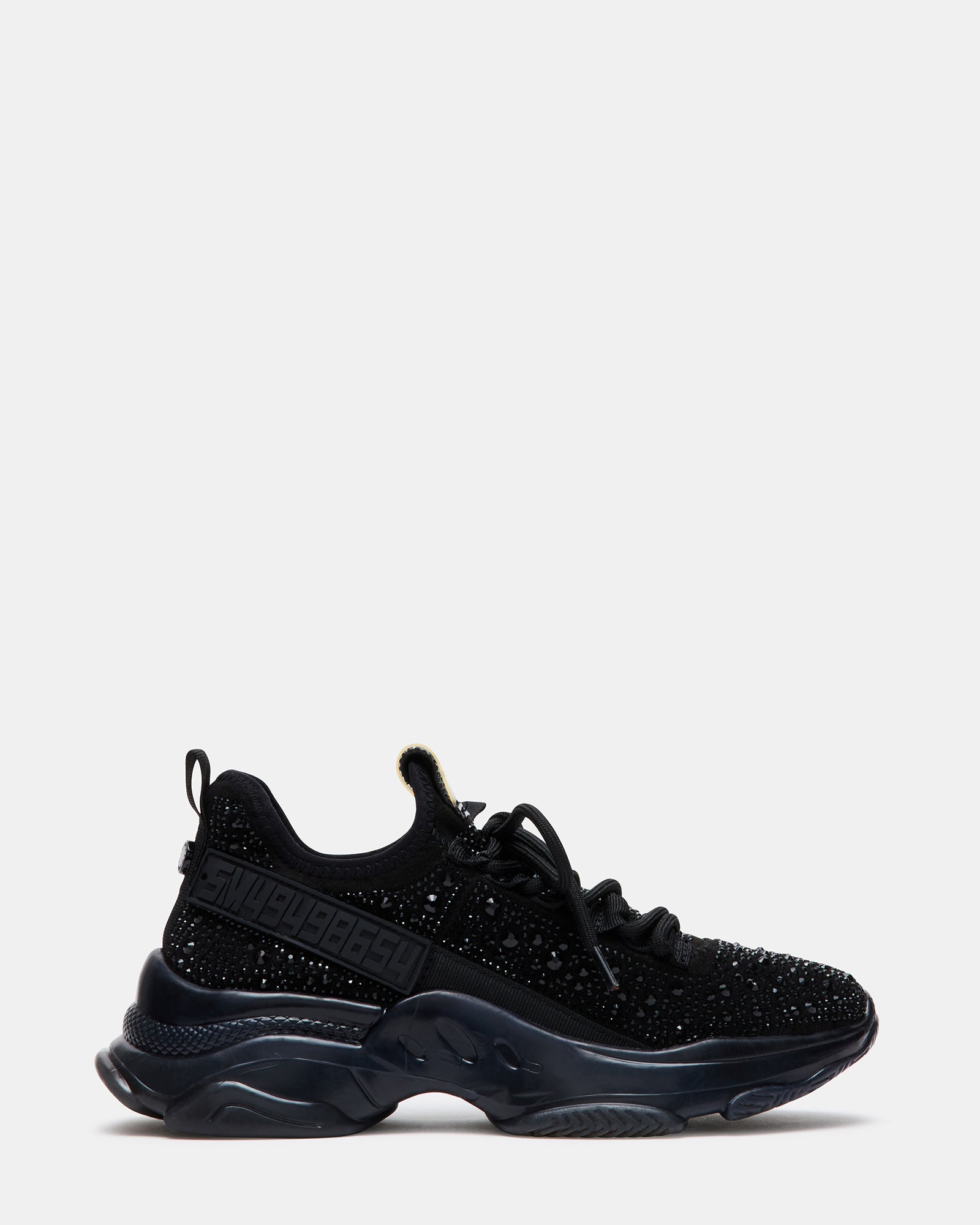 Black rhinestone fashion sneakers showcasing a side view.