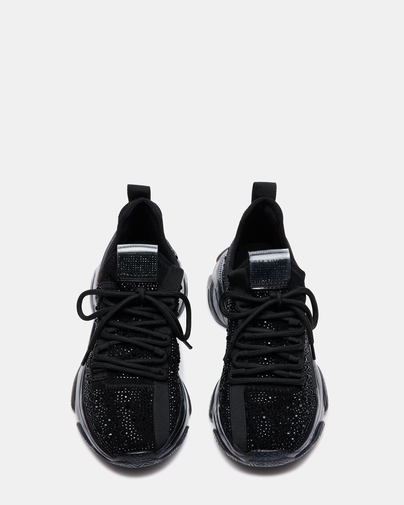 Comfortable lace-up design of the black rhinestone sneakers.