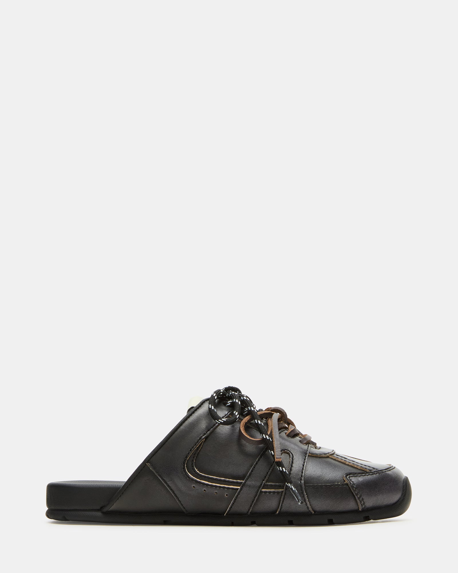 Side view of distressed lace-up mule sneakers in black leather for casual outings