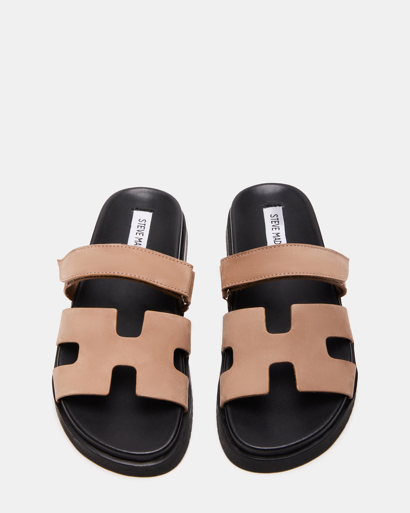 Top-down angle of sandals slides shoes womens with geometric cutout strap