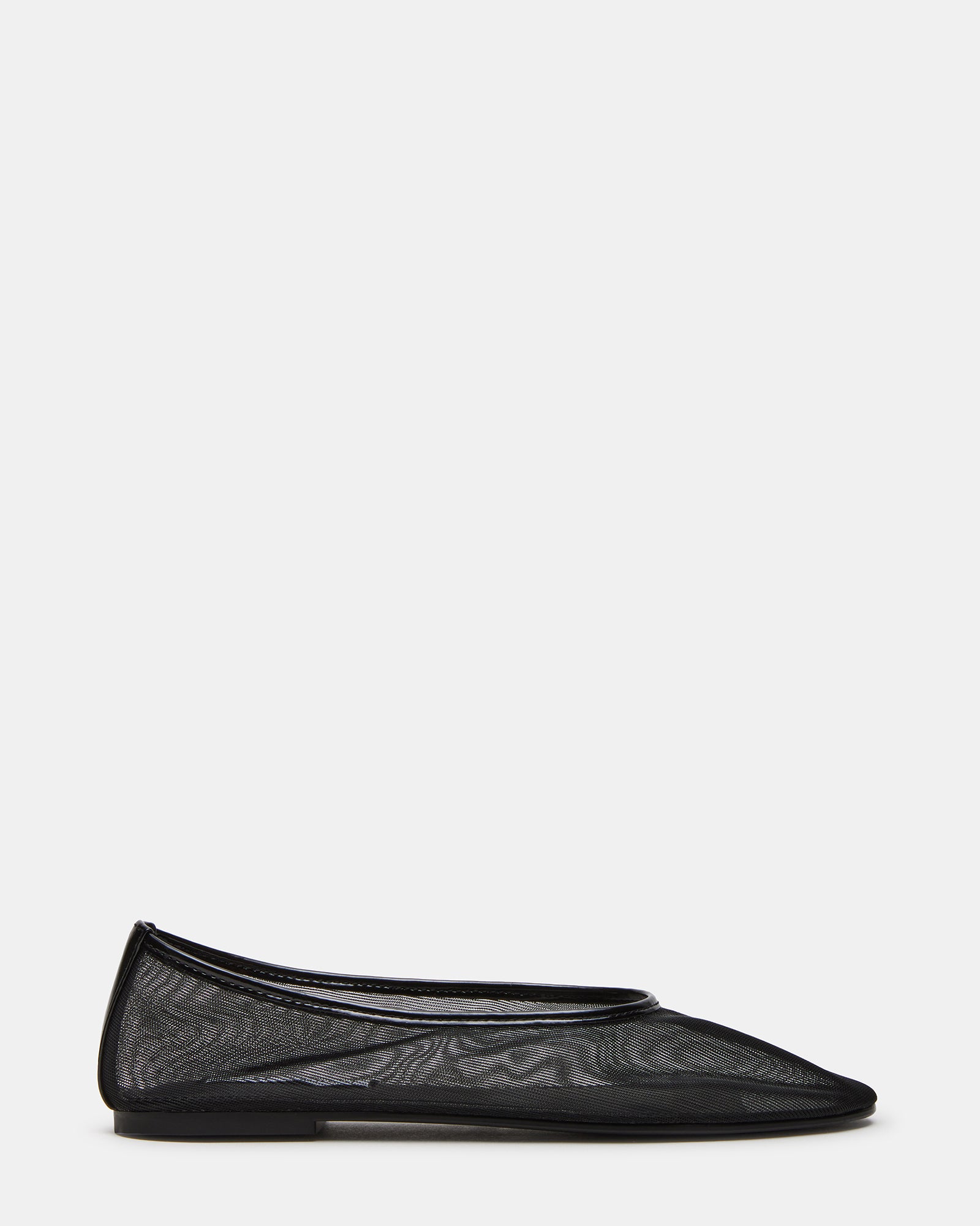 Side view of MEADOW black ballet flats showcasing breathable mesh upper