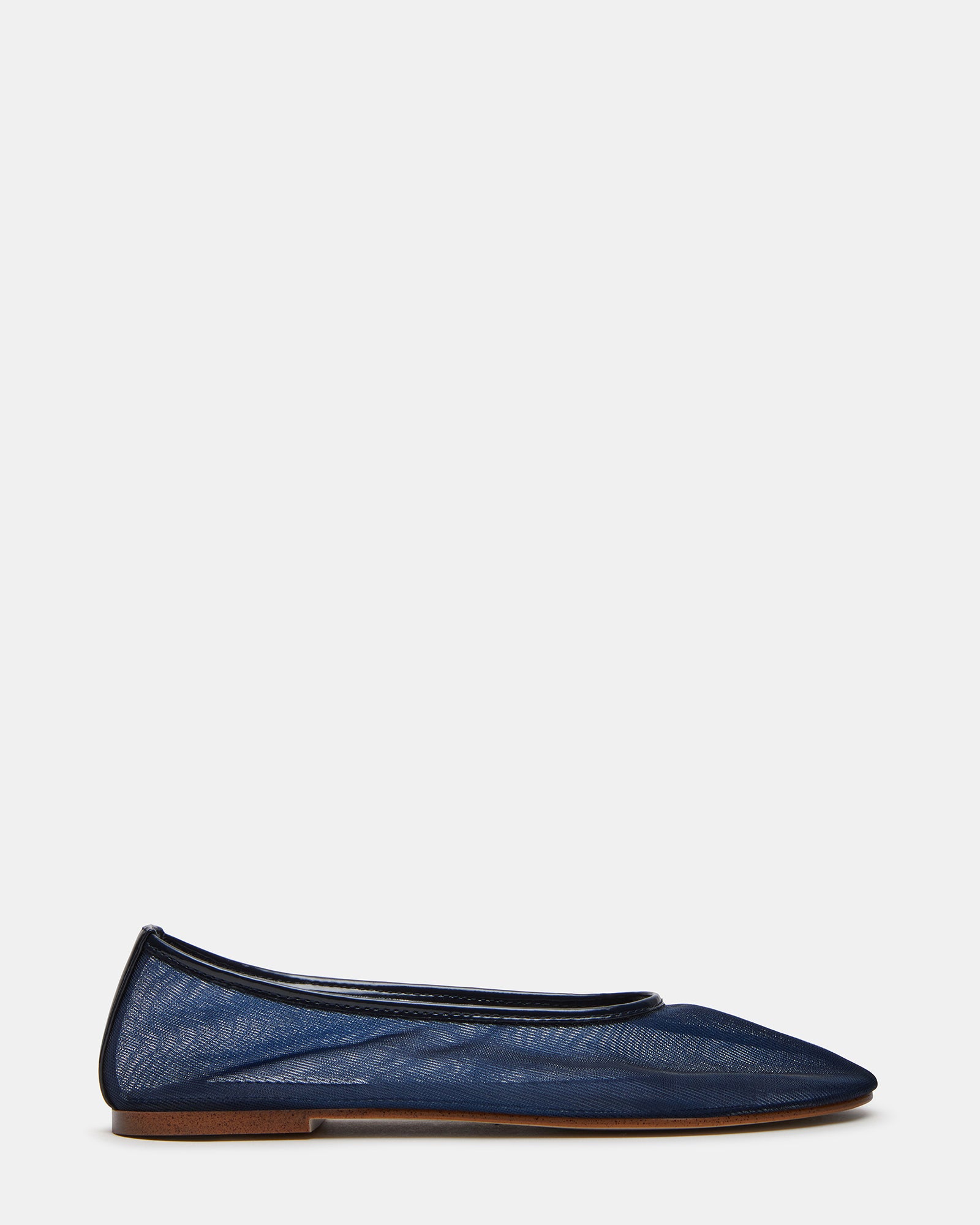 Close-up of navy mesh ballet flats with rounded toe and breathable fabric