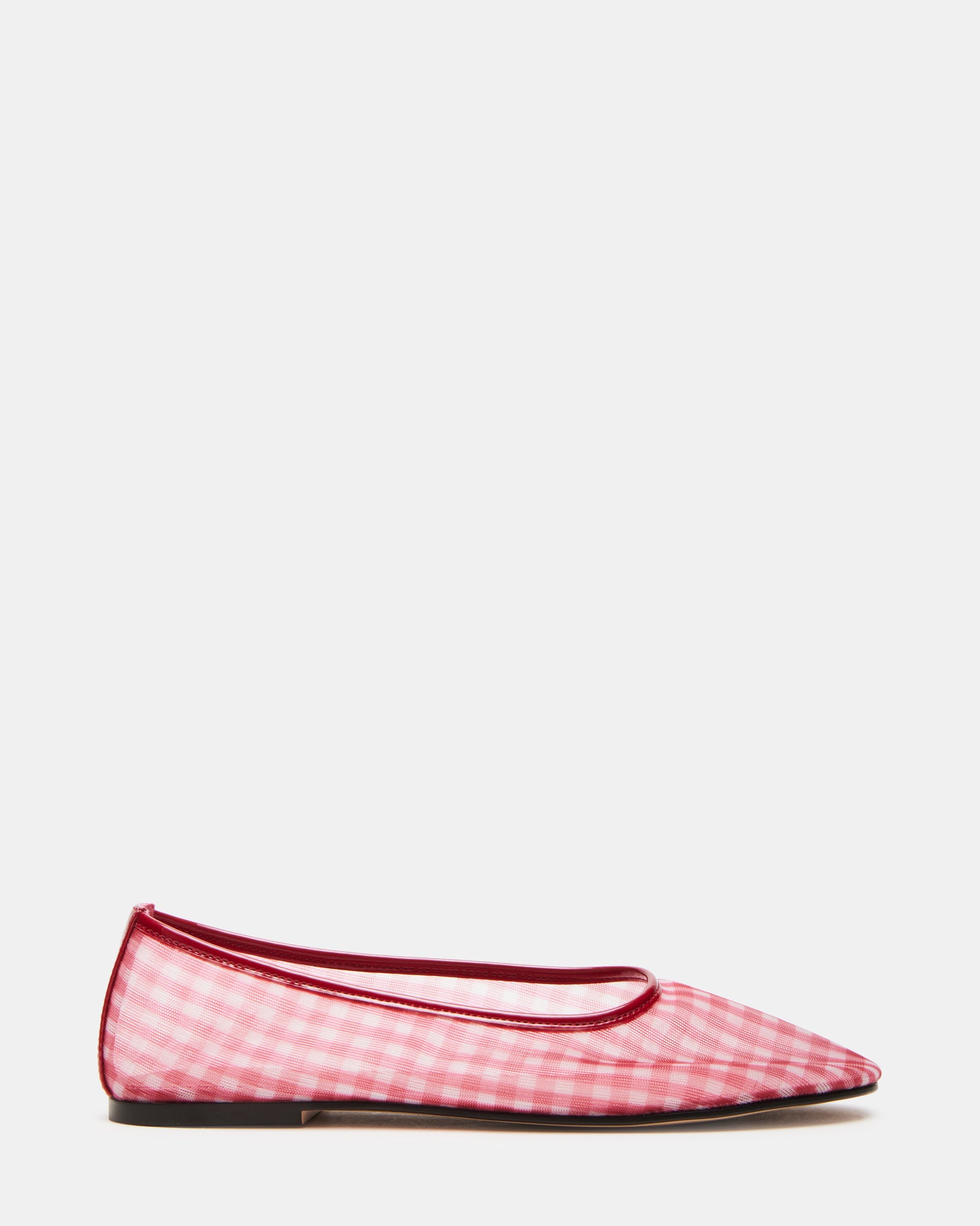 Close-up of Meadow red ballet flats with breathable mesh material.