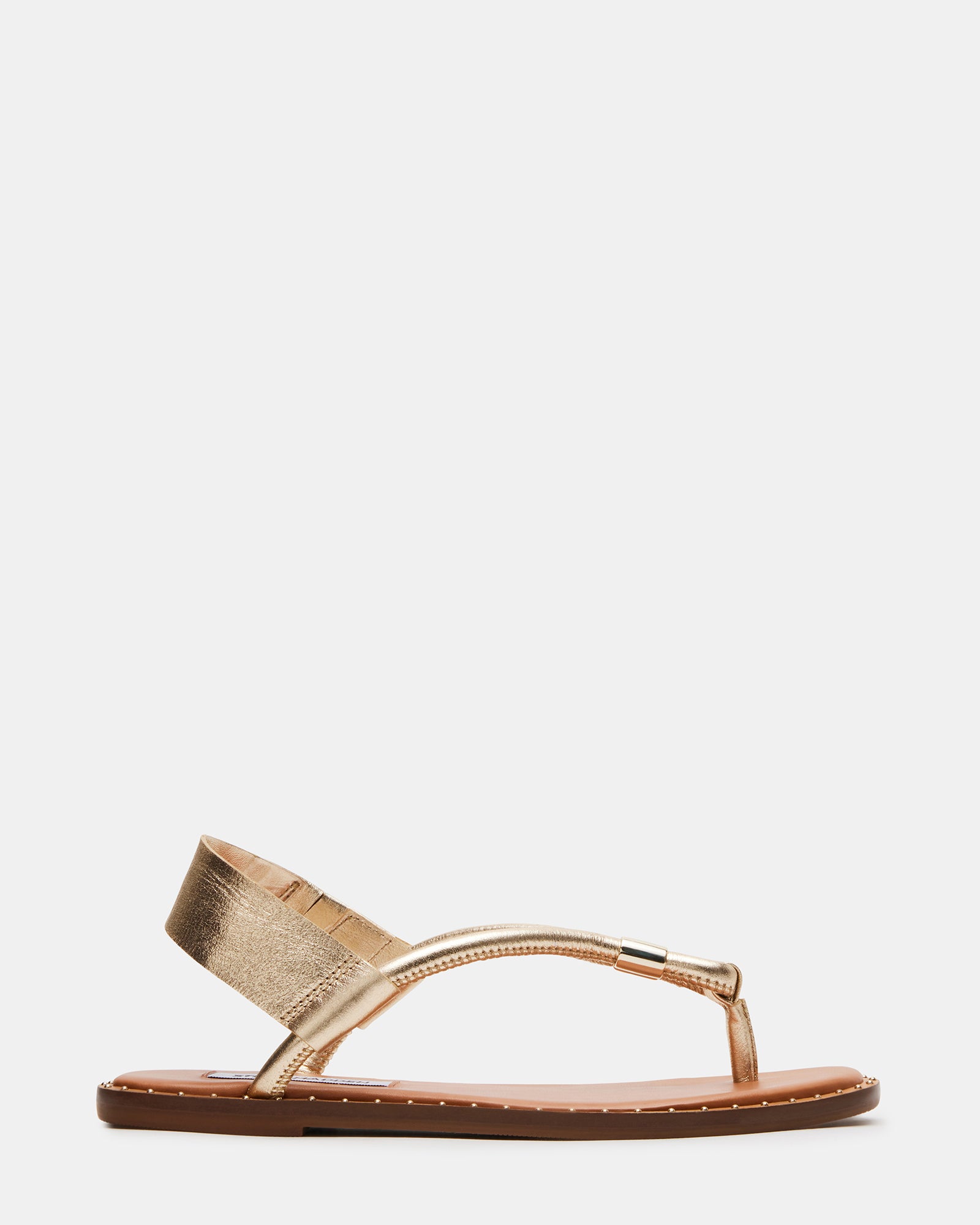 Close-up of the studded leather thong sandals showing texture and finish
