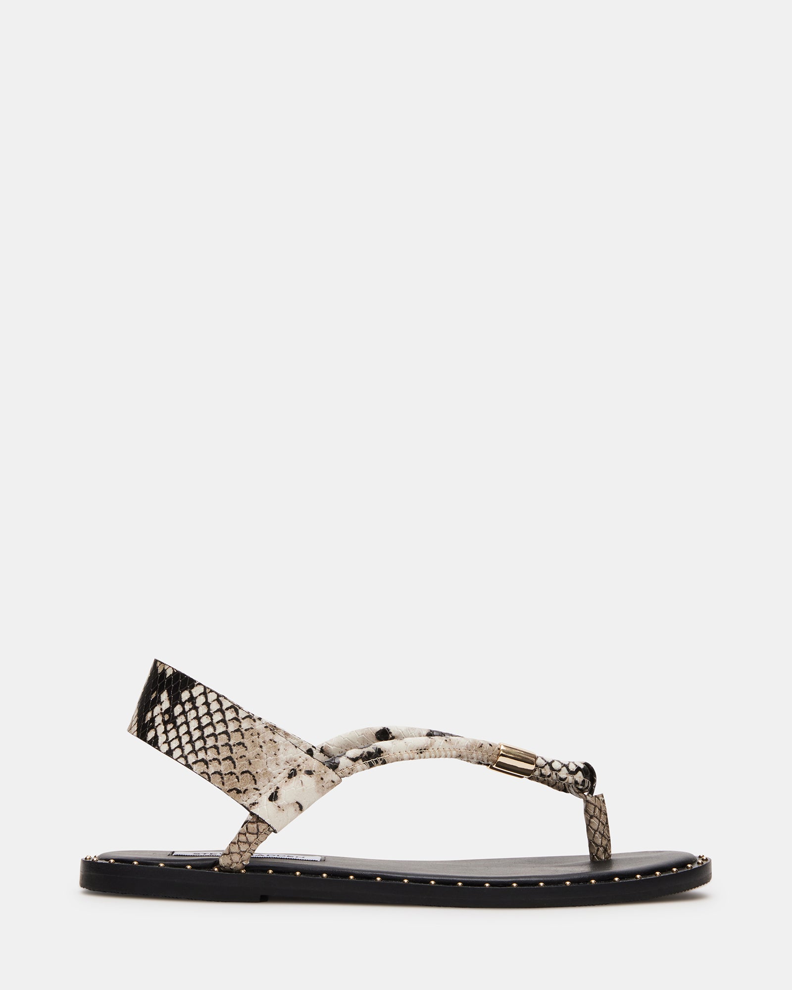Meduza Snake thong sandals with mini studs and sleek heel on a summer street background
