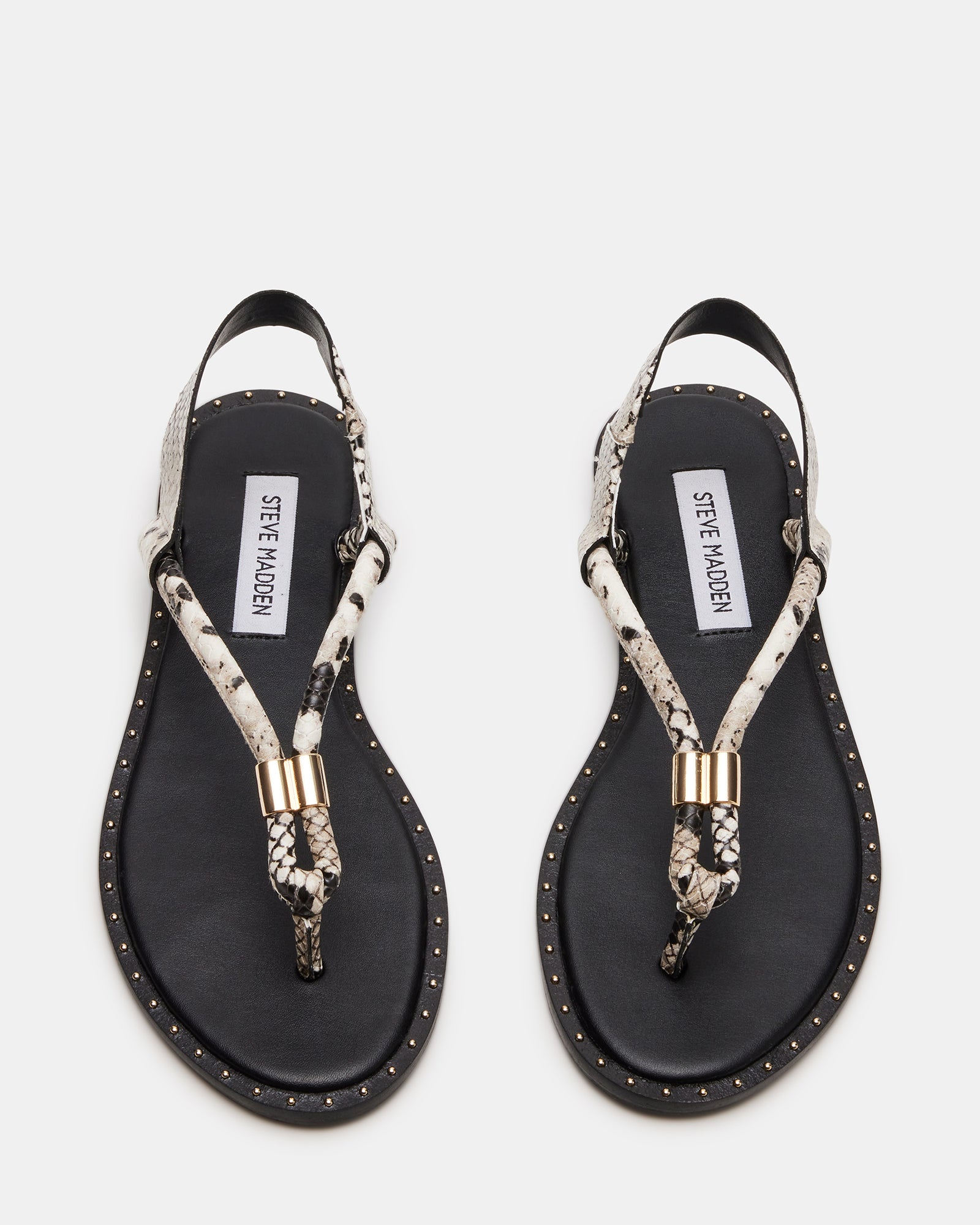 Meduza Snake thong sandals with mini studs and sleek heel on a summer street background