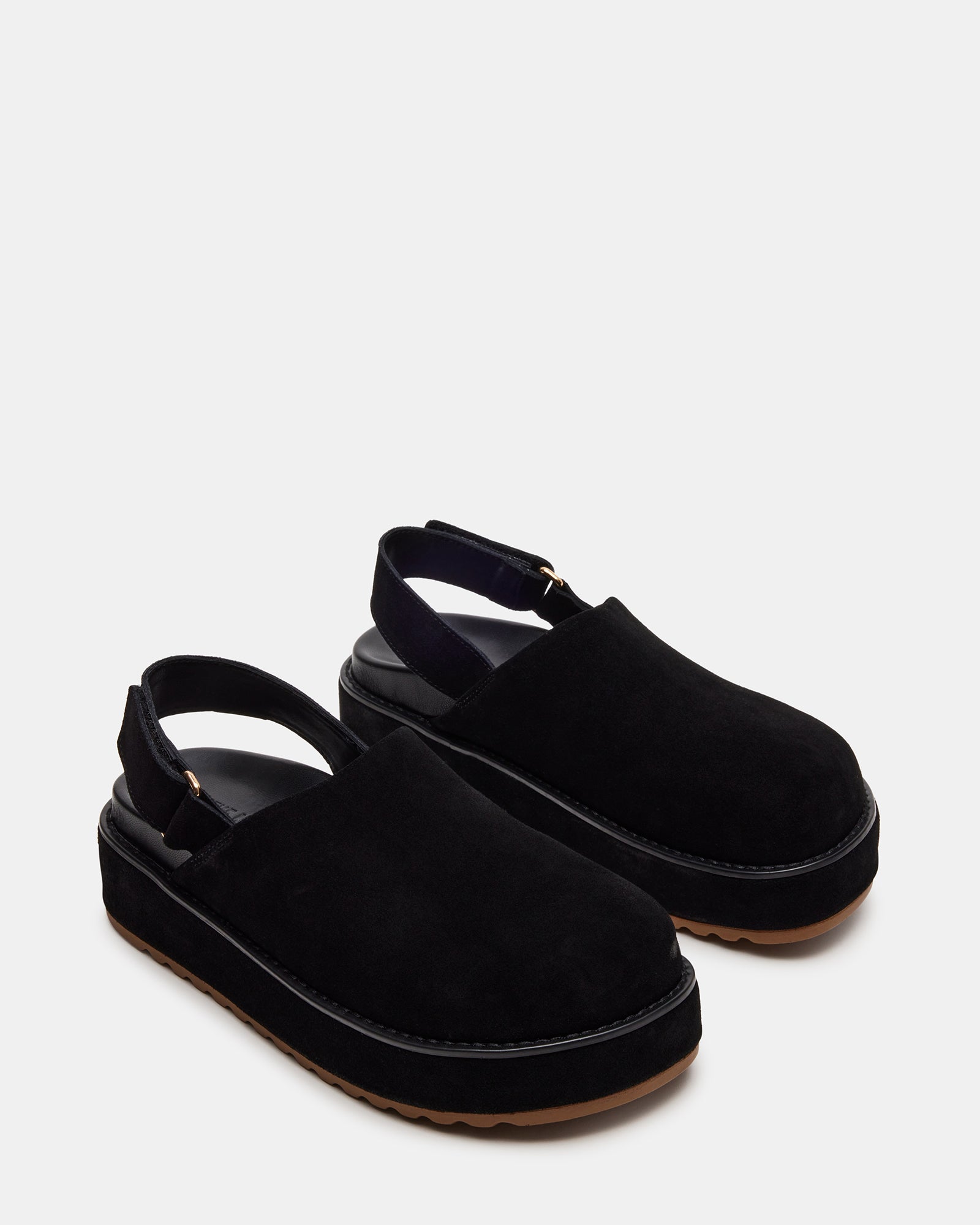 Close-up of textured suede upper and slingback strap
