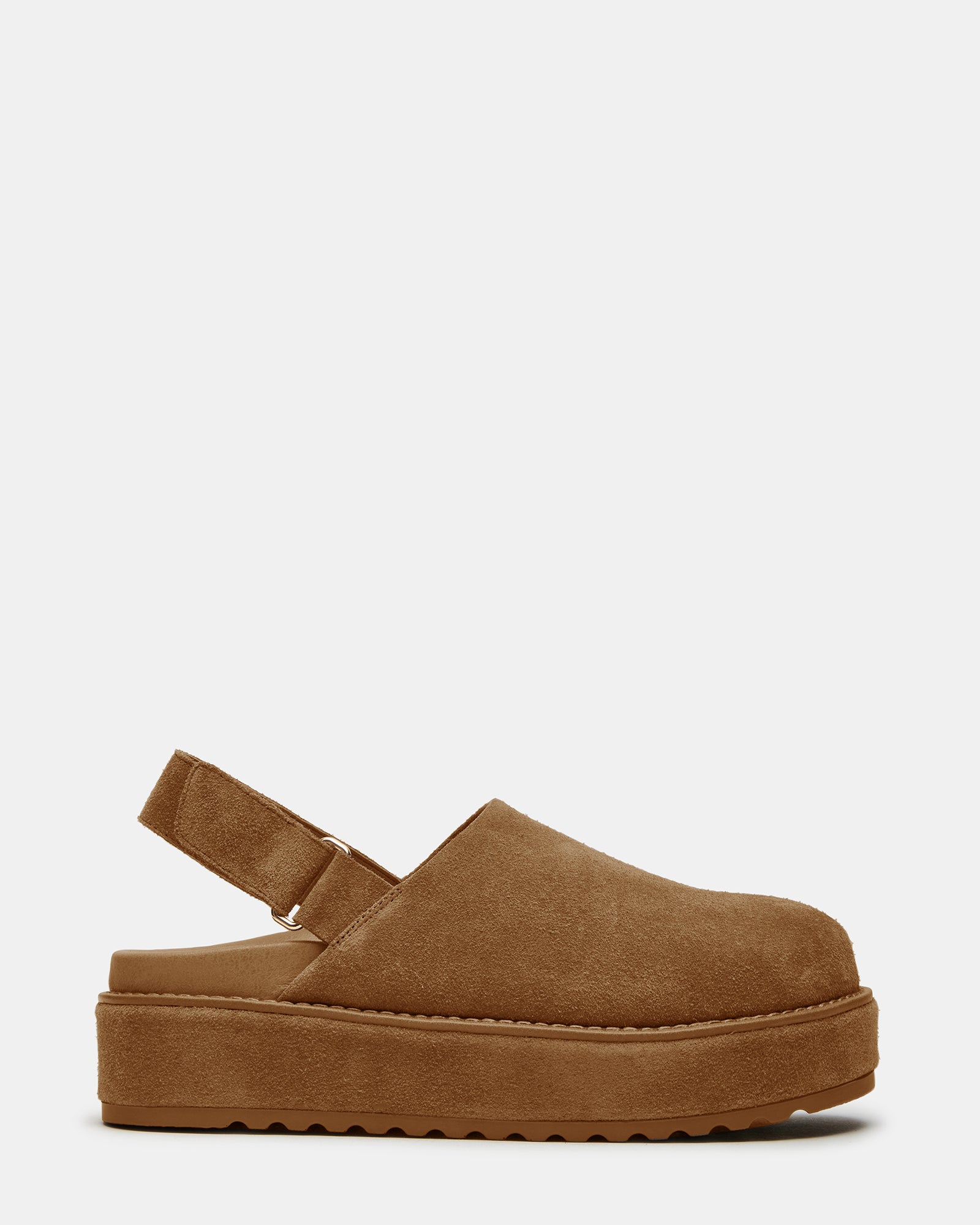 Side view of suede slingback clogs styled with denim for casual NYC walking