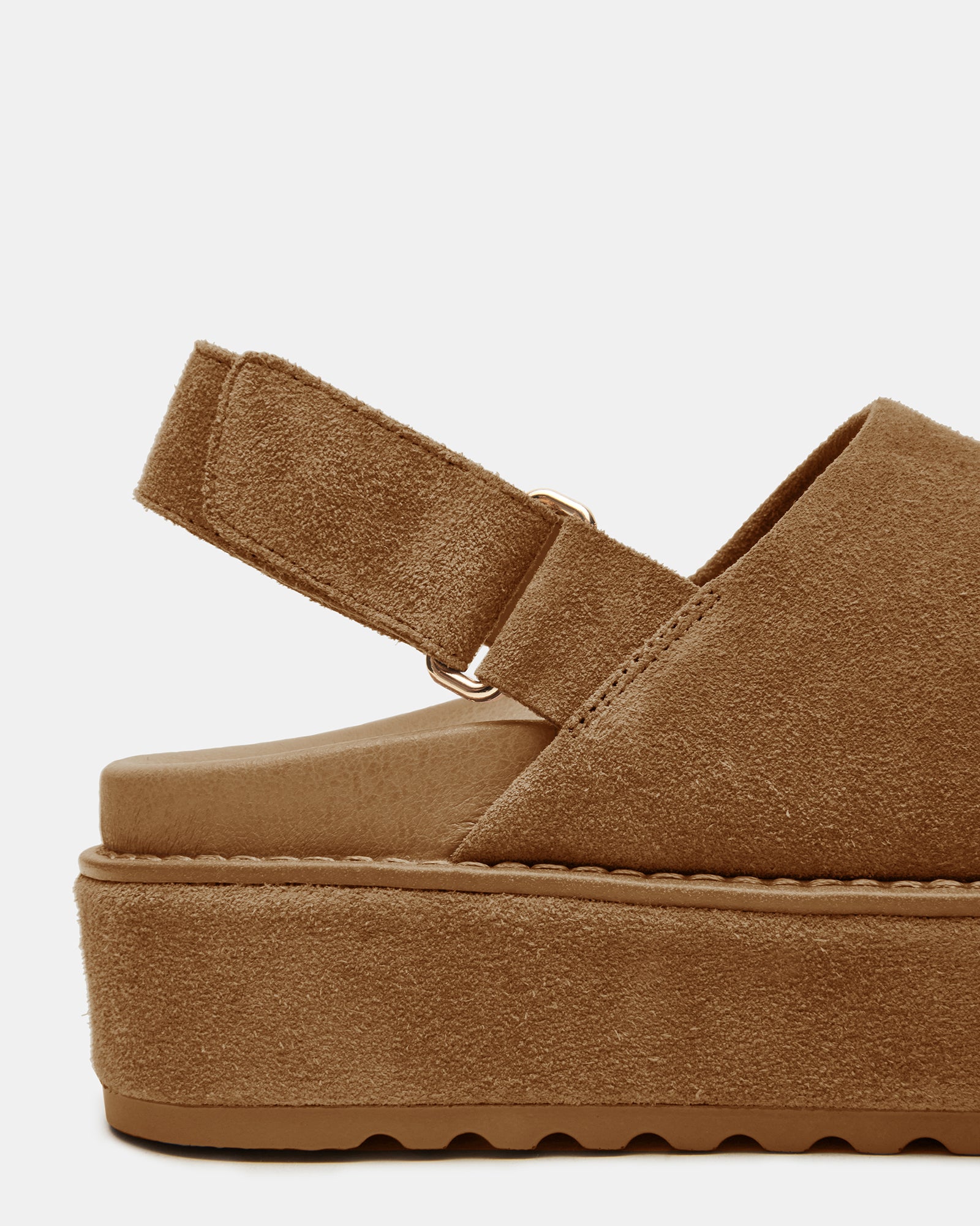 Side view of suede slingback clogs styled with denim for casual NYC walking