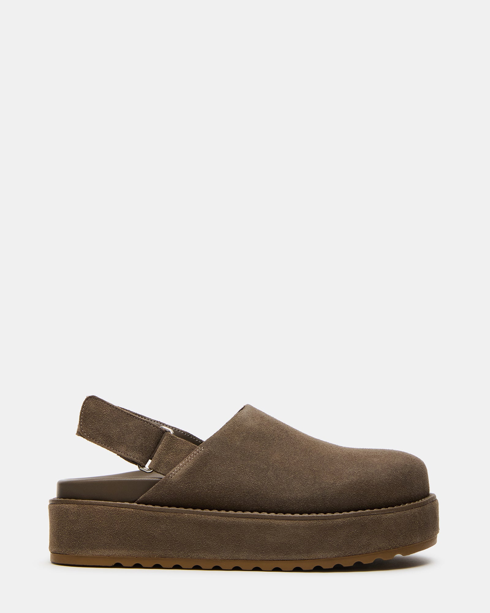 Stylish Mellow Grey Sage slingback clogs from the side, showcasing the suede material.
