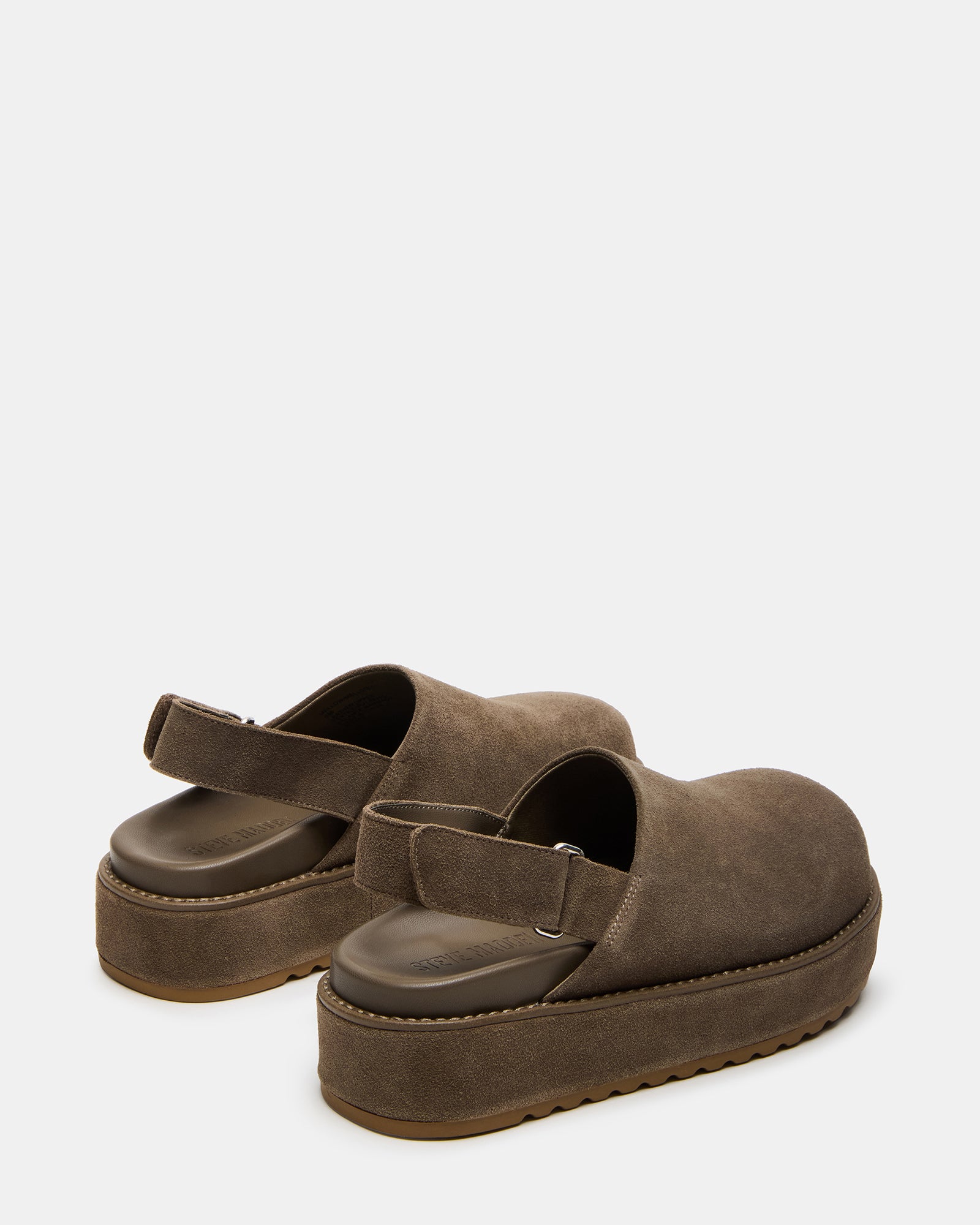 Close-up of Mellow Grey Sage slingback clogs highlighting the 2-inch heel and comfortable fit.