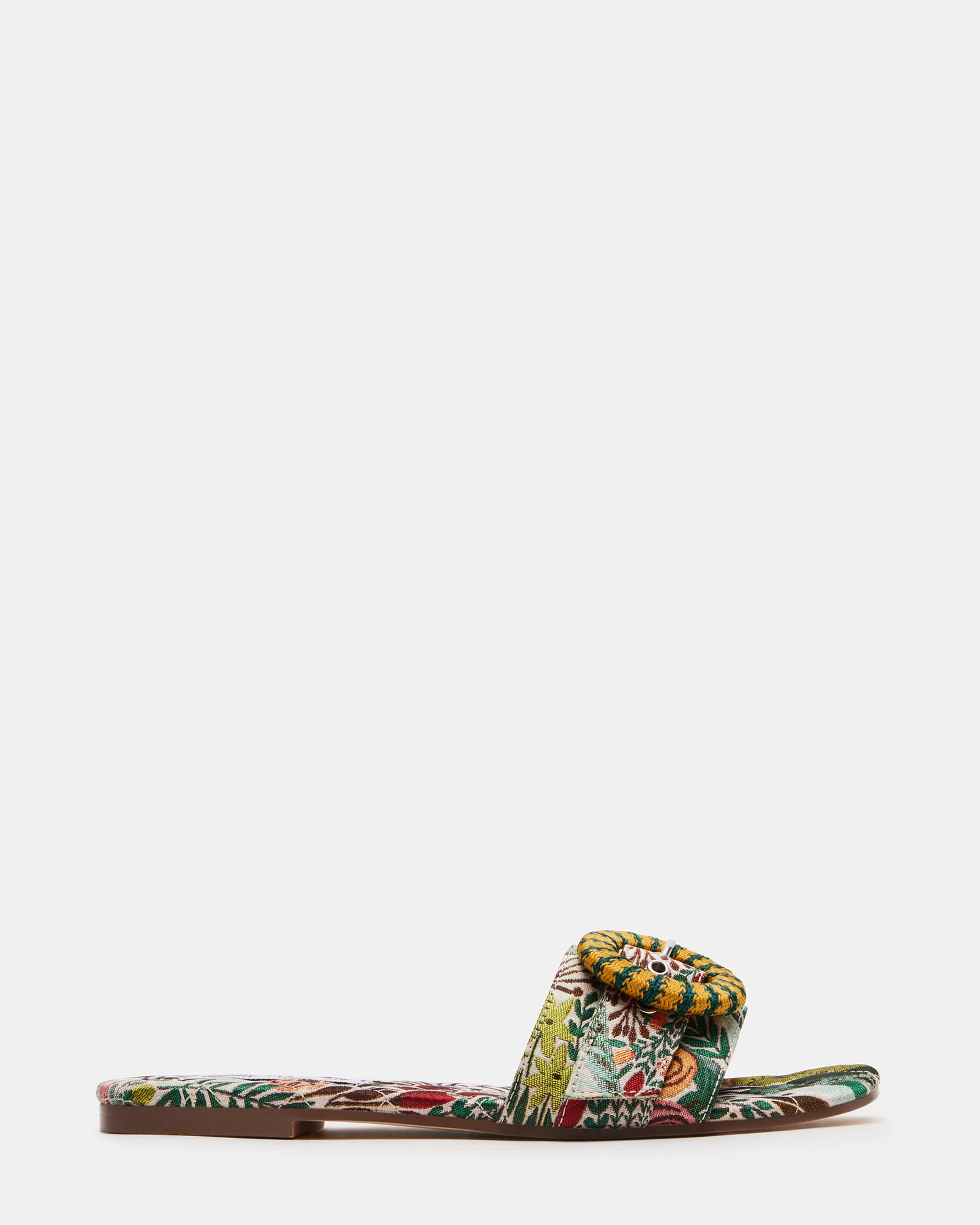 Side view of Merla green multi platform sandals with textured strap