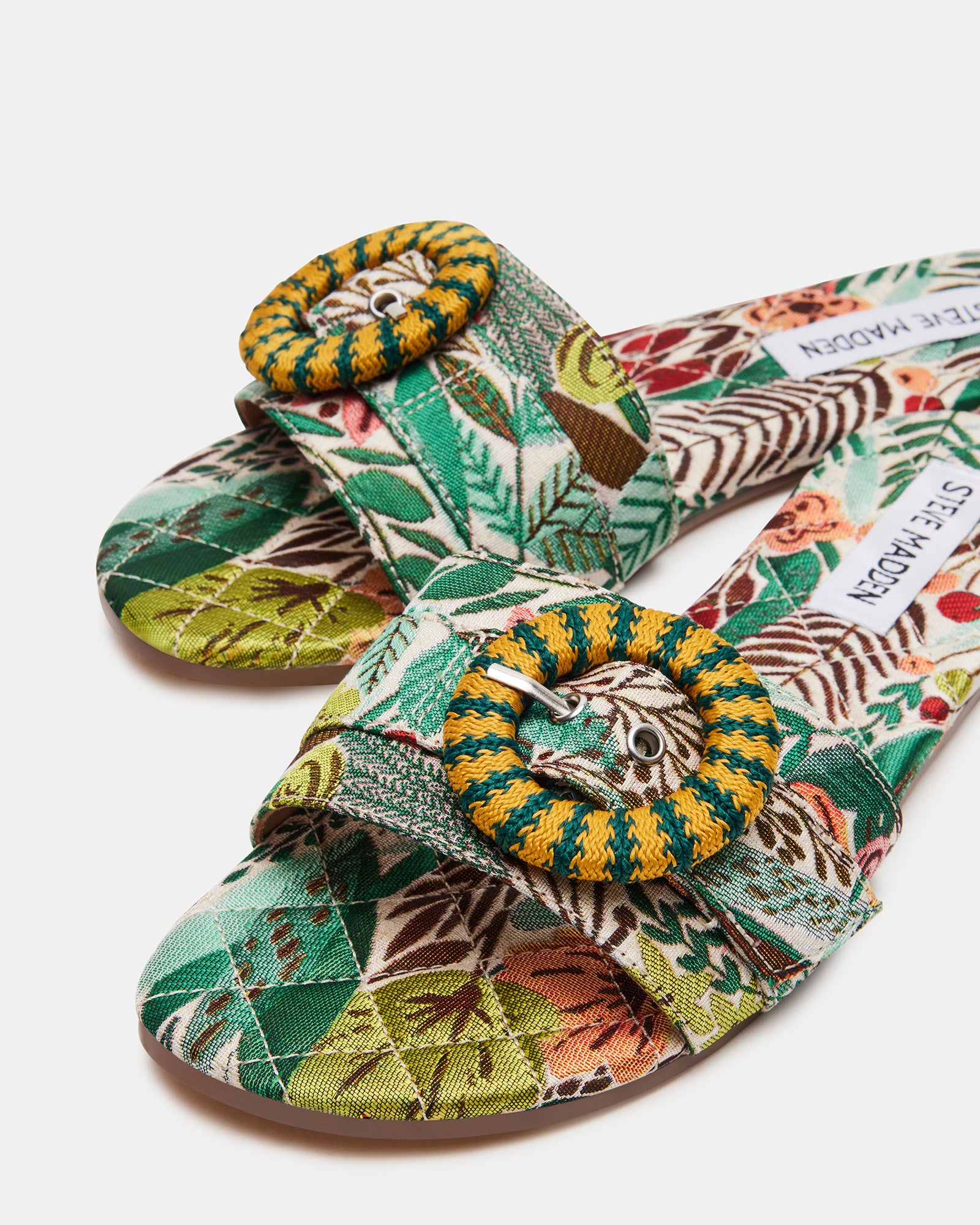 Side view of Merla green multi platform sandals with textured strap