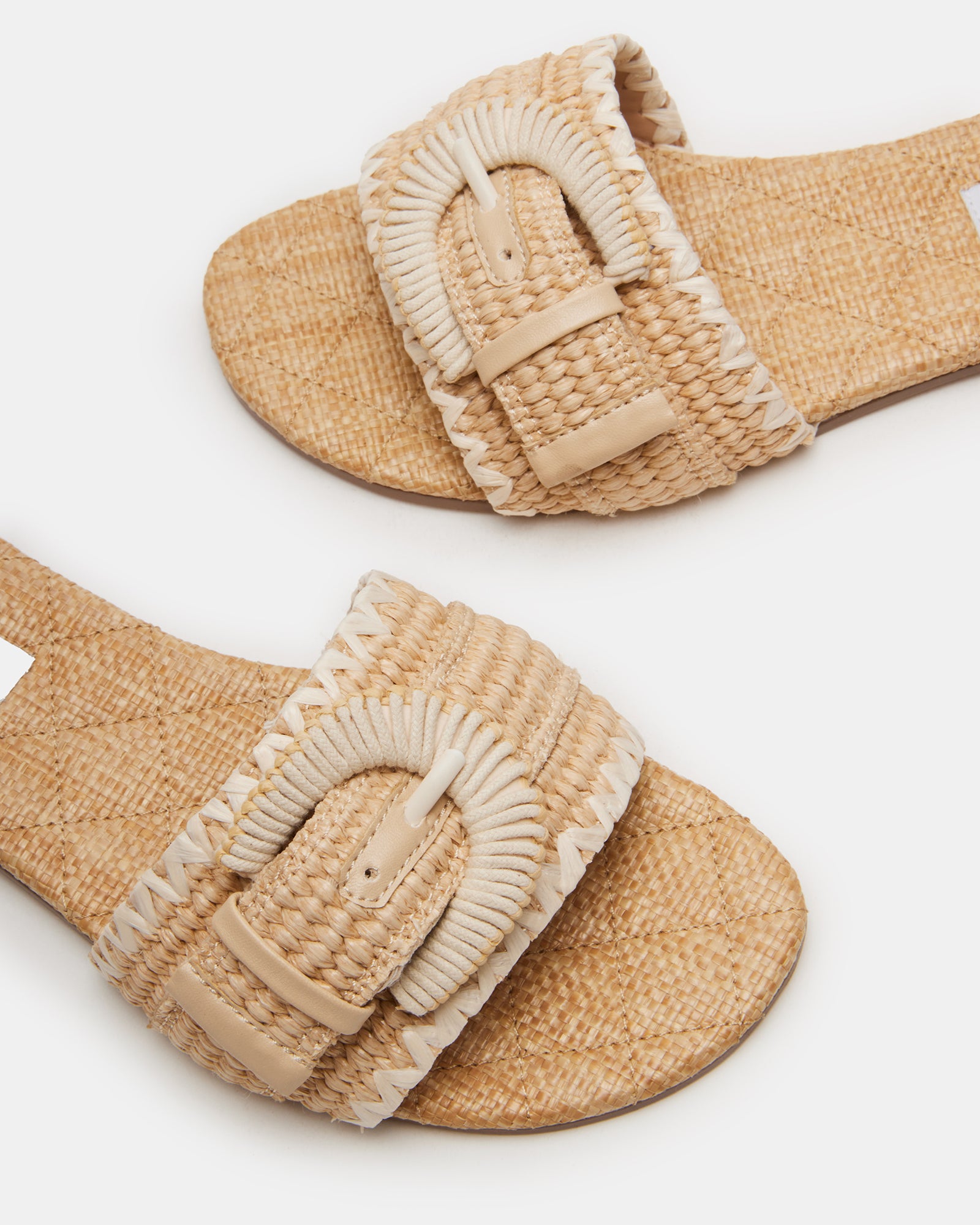 Close-up of raffia weave and strap detailing on platform sandals
