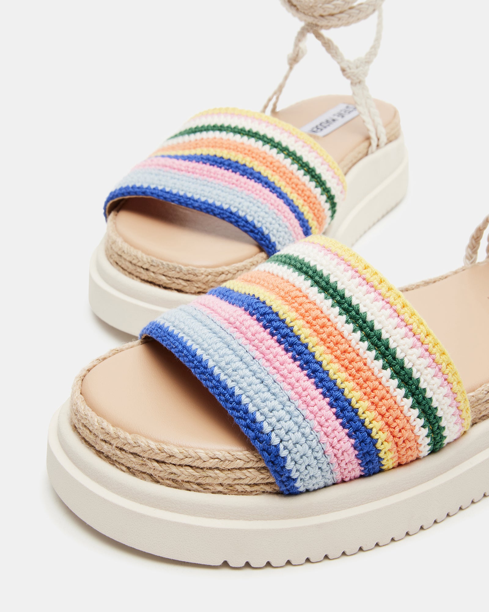 Close-up of Mertha comfortable sandals highlighting textile upper.
