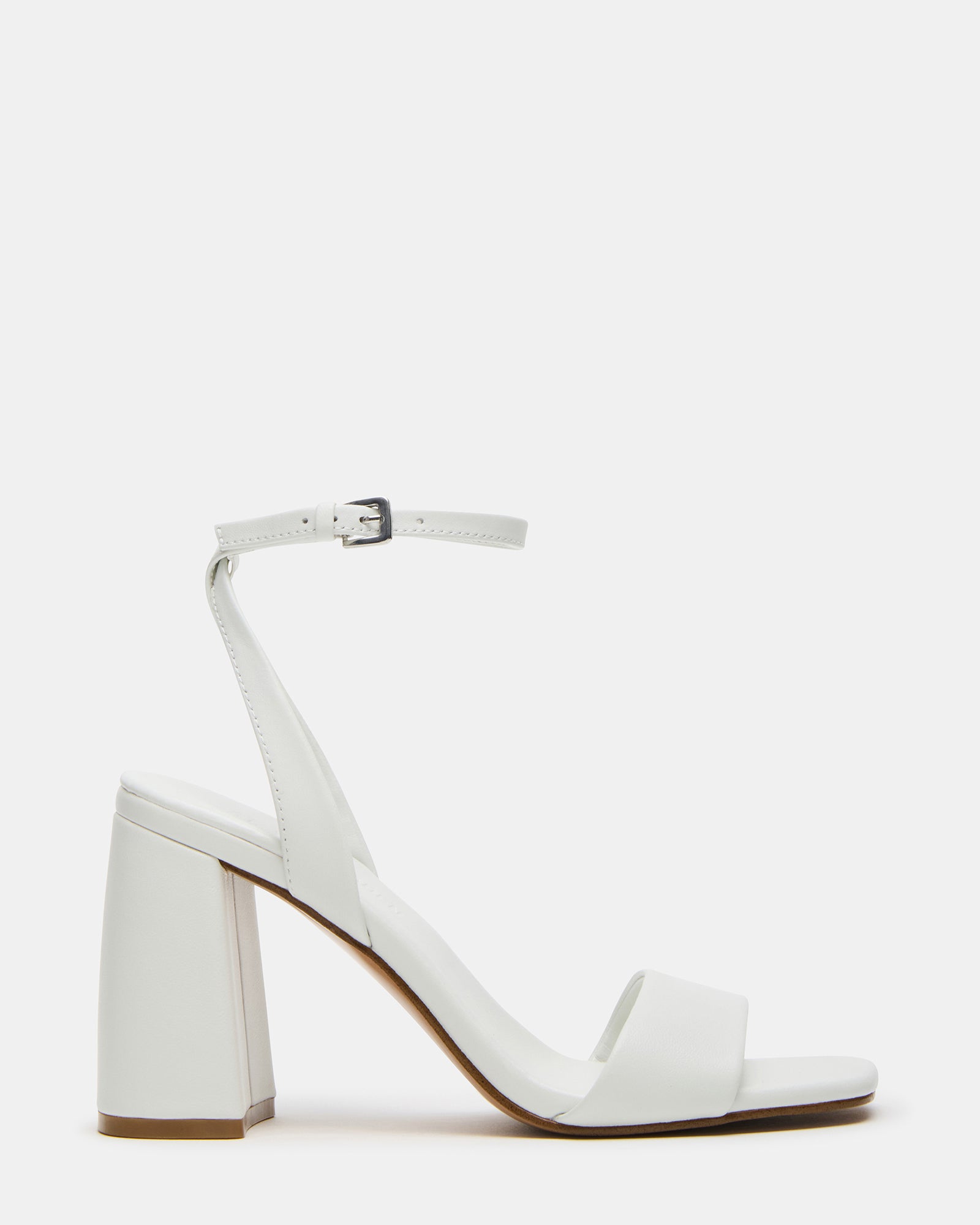 Side view of white leather heels with ankle strap and square toe
