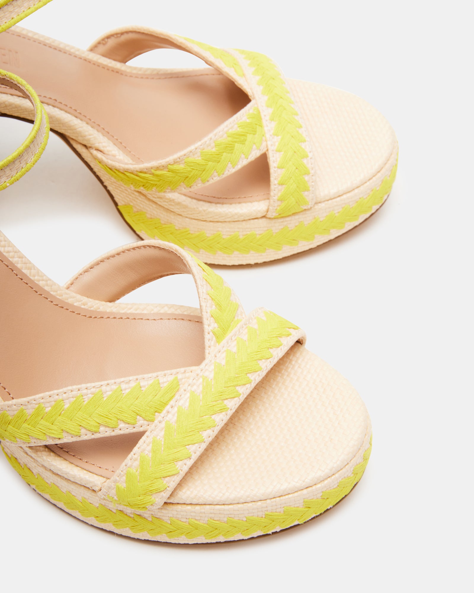 Close-up of the raffia upper material on yellow platform heels.