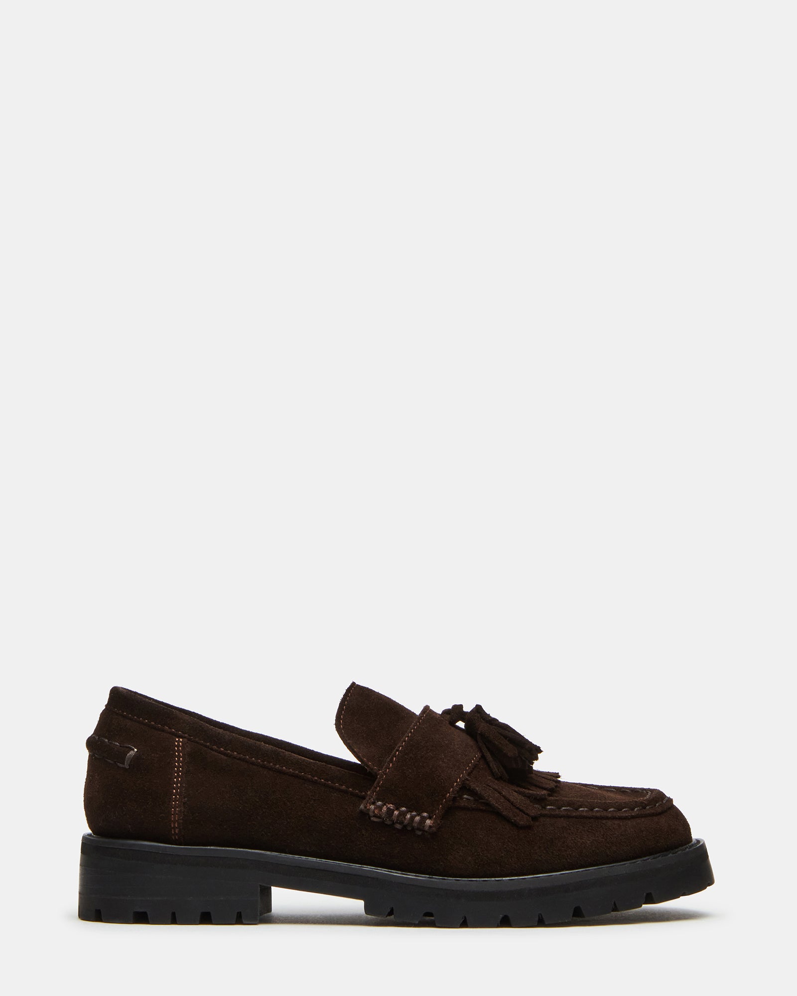 Minka penny loafers in chocolate suede, displayed on a rustic wooden surface.