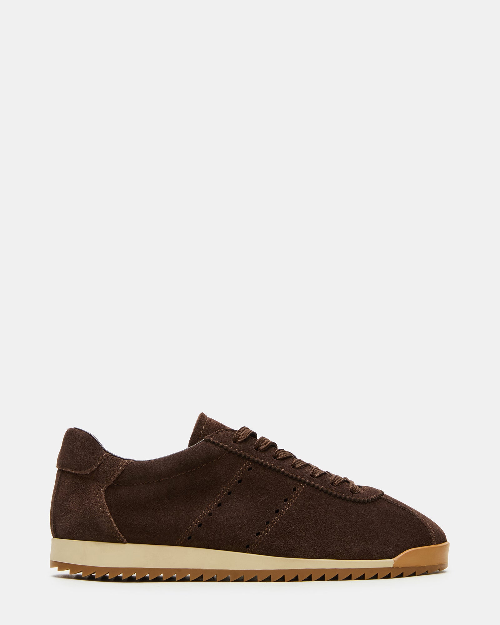 Mirage brown suede sneakers front view, showcasing textured upper and lace design