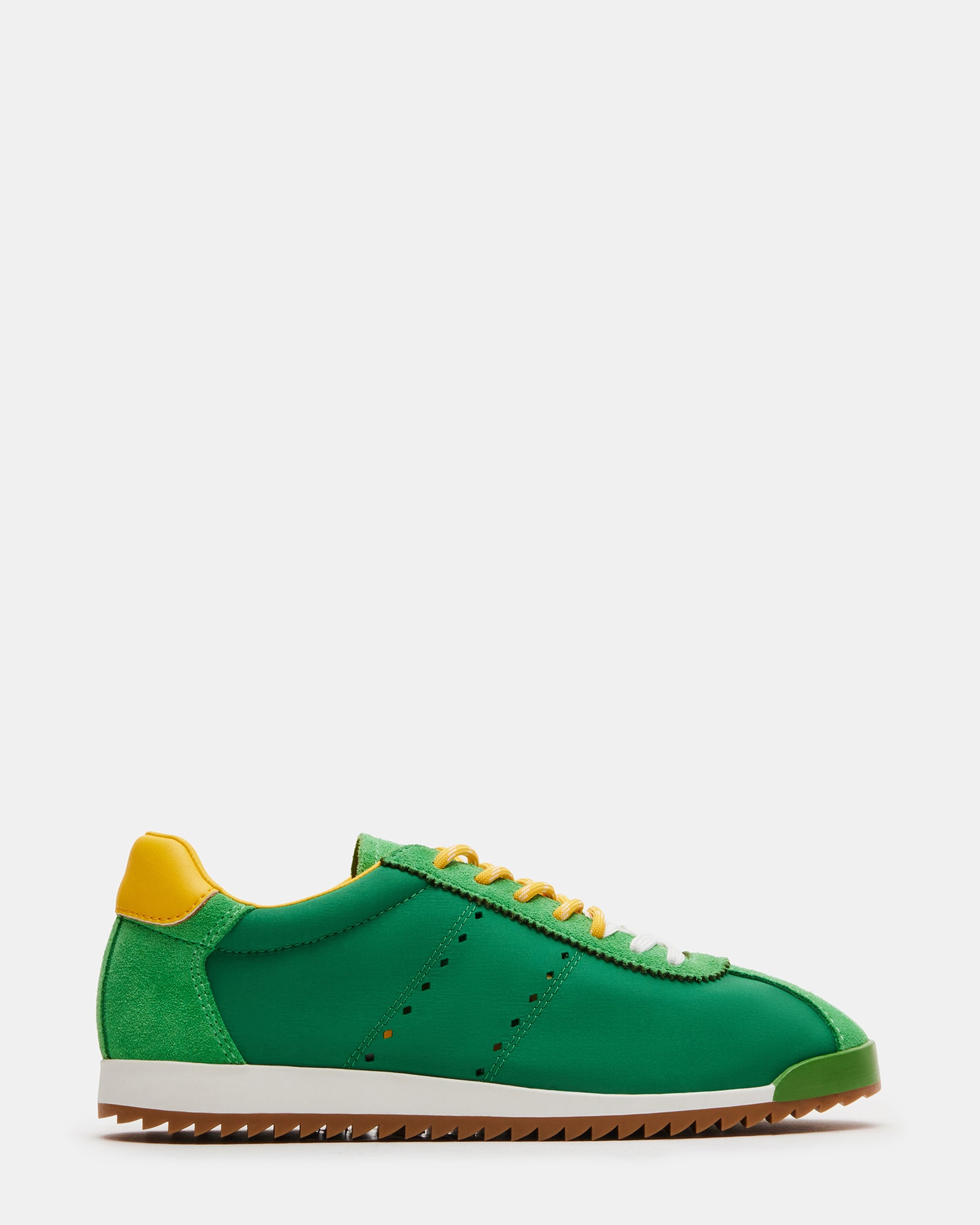 Side view of Mirage sneakers with striped laces and green accents