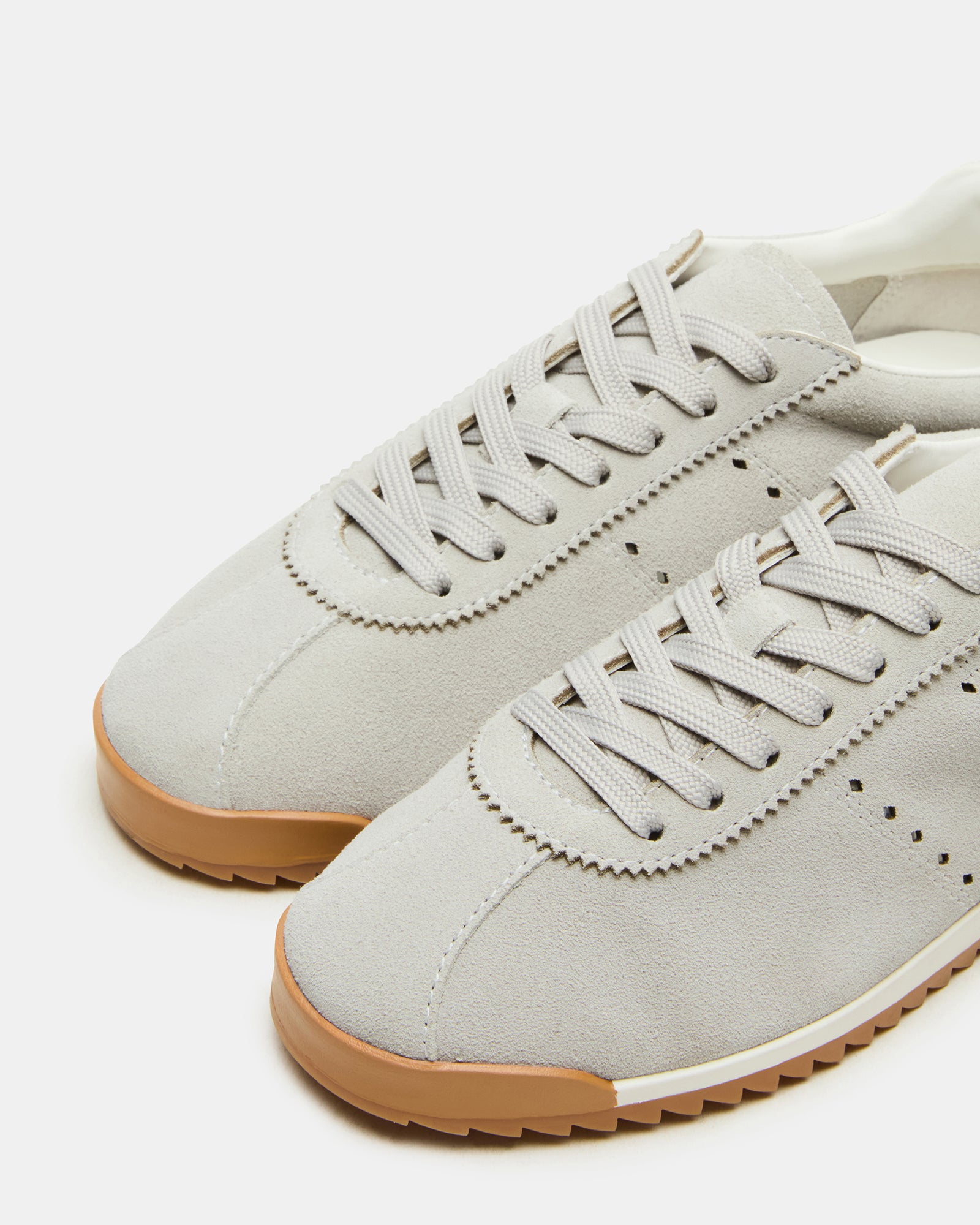 Close-up of the synthetic sole on stylish grey suede shoes