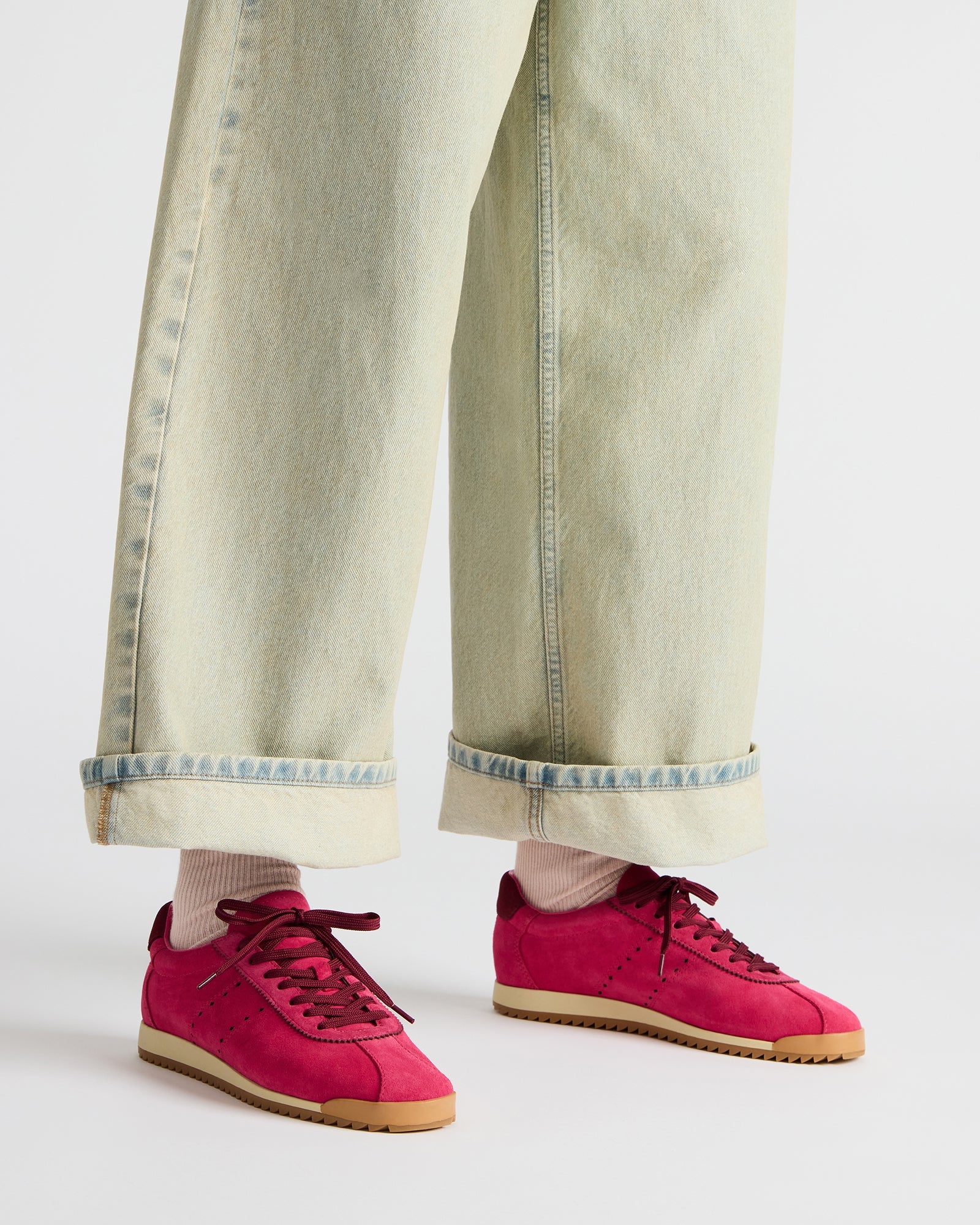 Close-up of suede upper material on Mirage womens sneakers.