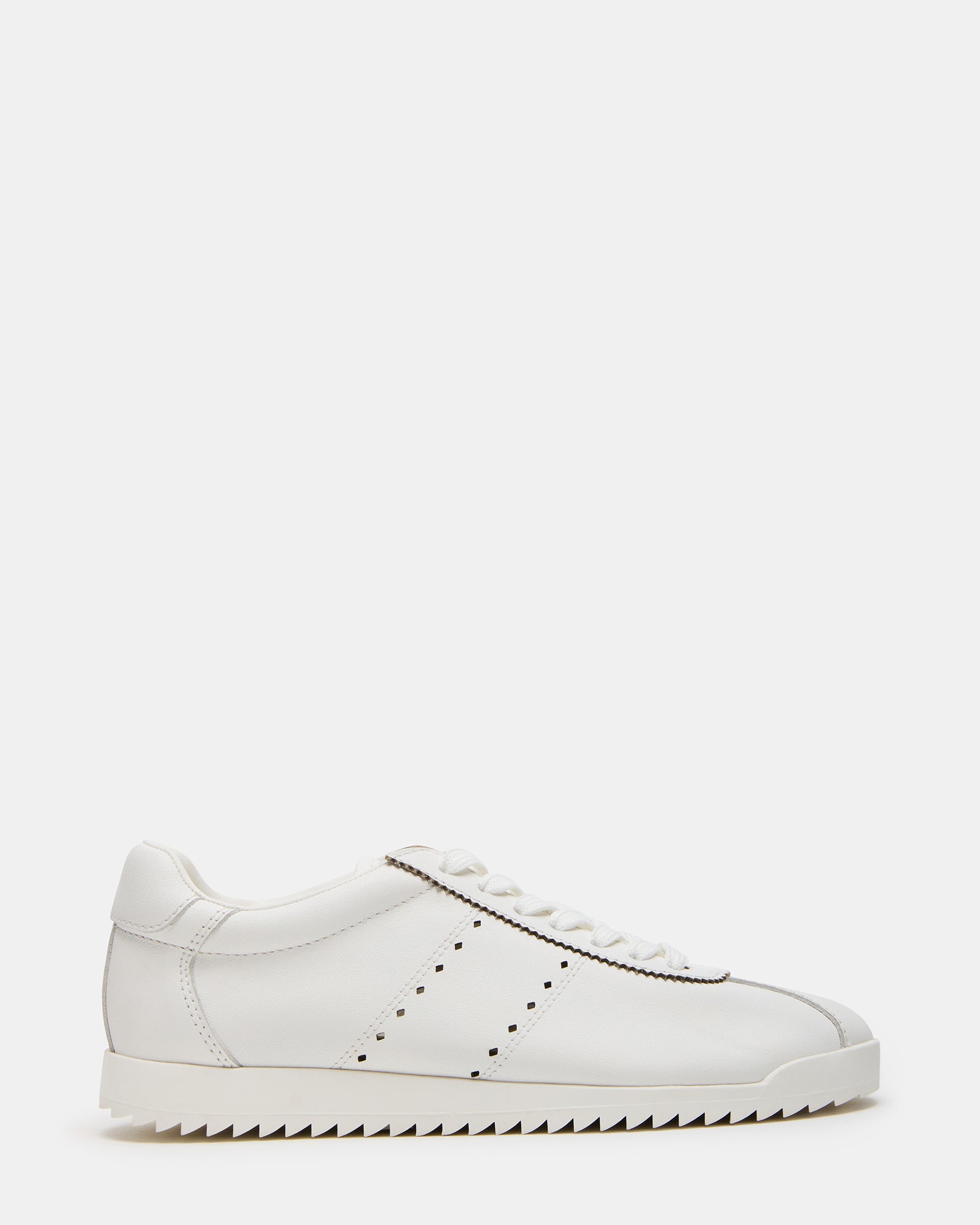 Side view of Mirage white leather sneakers showing the lace-up design.