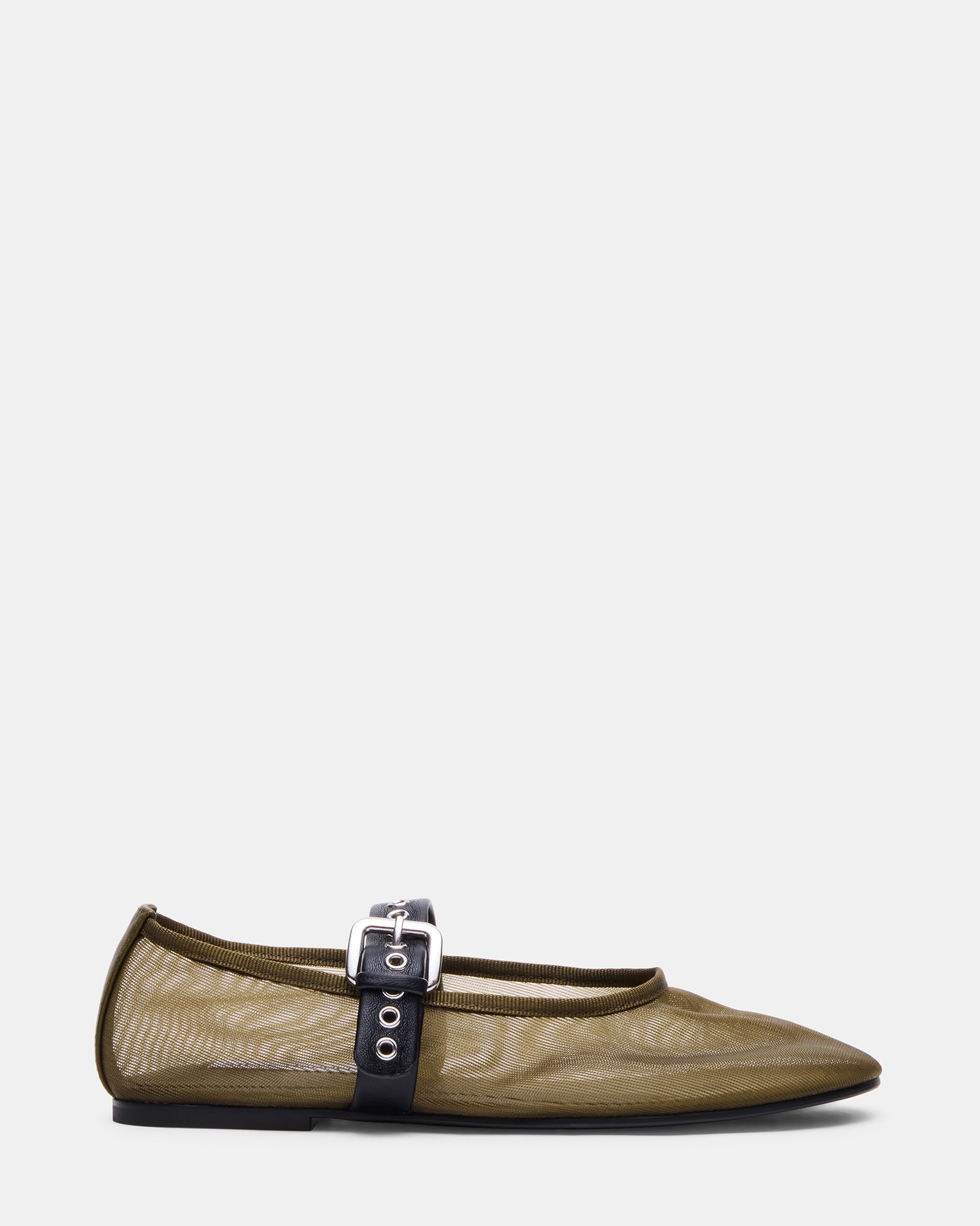 Side view of Mitsy comfortable black flats with mesh strap