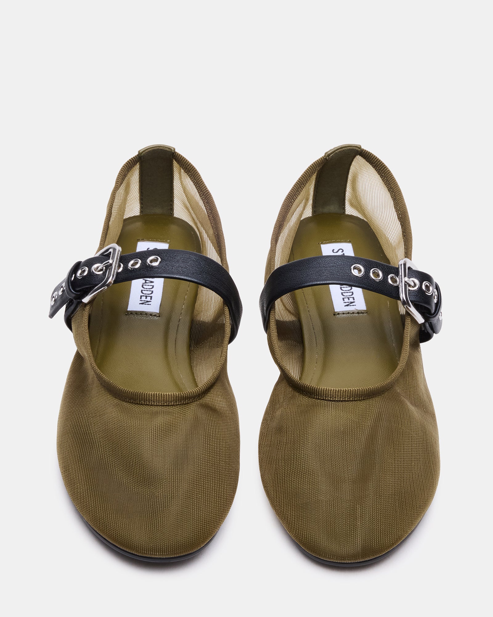 Side view of Mitsy comfortable black flats with mesh strap