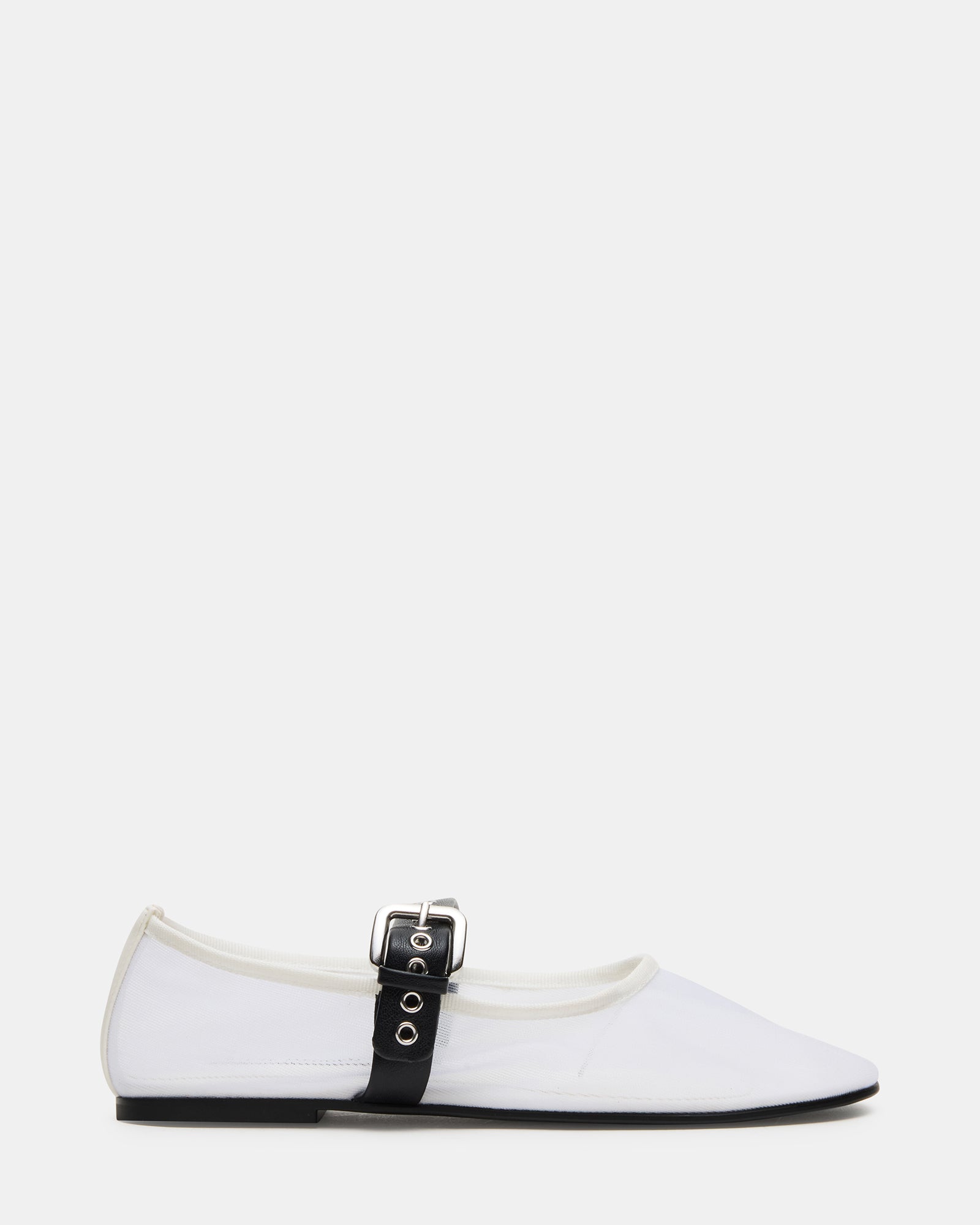 Side view of Mitsy flats shoes showing breathable mesh upper and low heel.