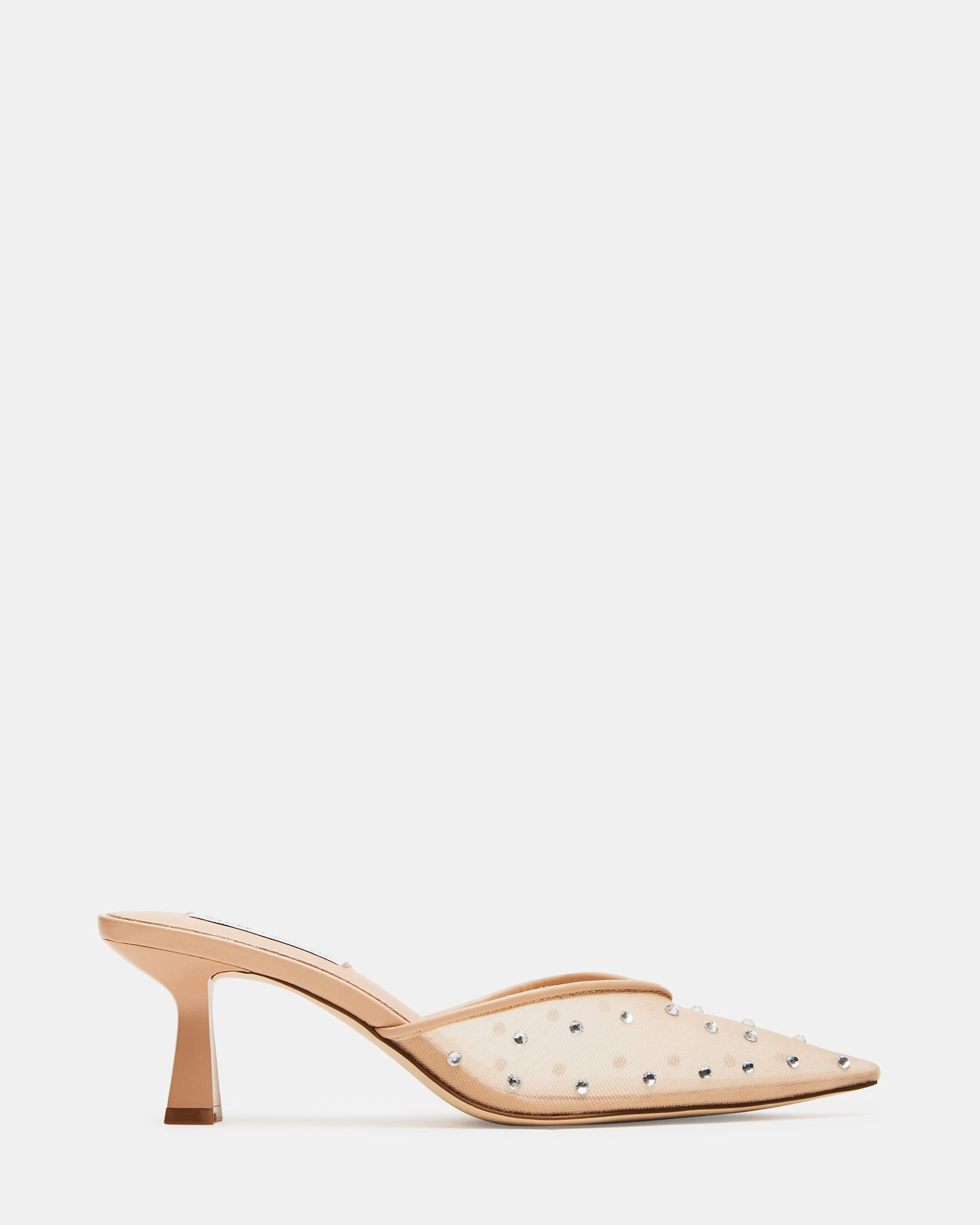 Close-up of blush mule heels showing pointed toe and rhinestone mesh detailing