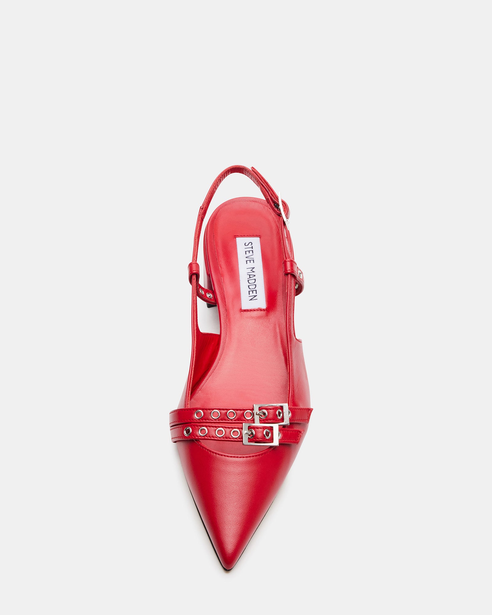 Side view of red leather slingback heels with pointed toe and low heel for women