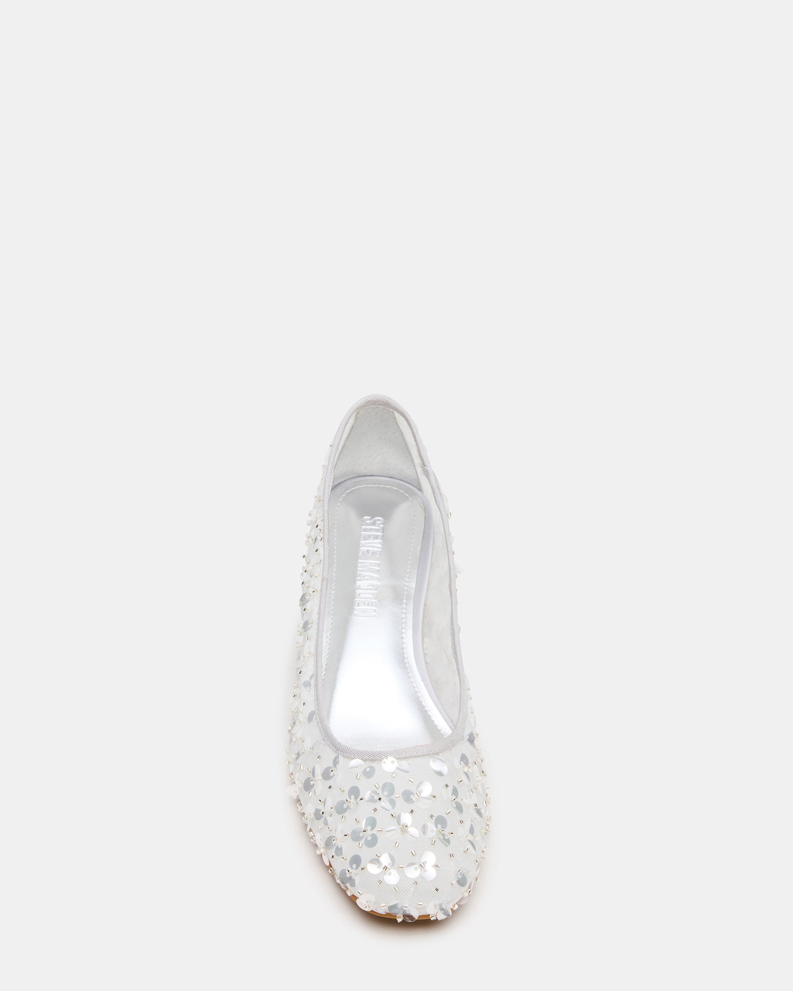 Side view of silver sequin ballet shoes with low heel for women’s parties