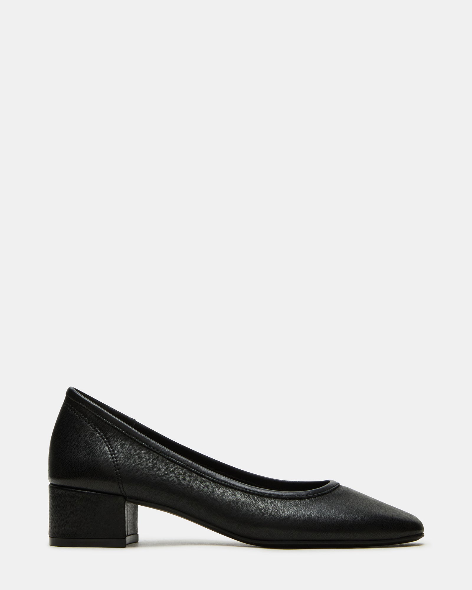 Side angle of black leather ballet flats showing low heel and sleek profile