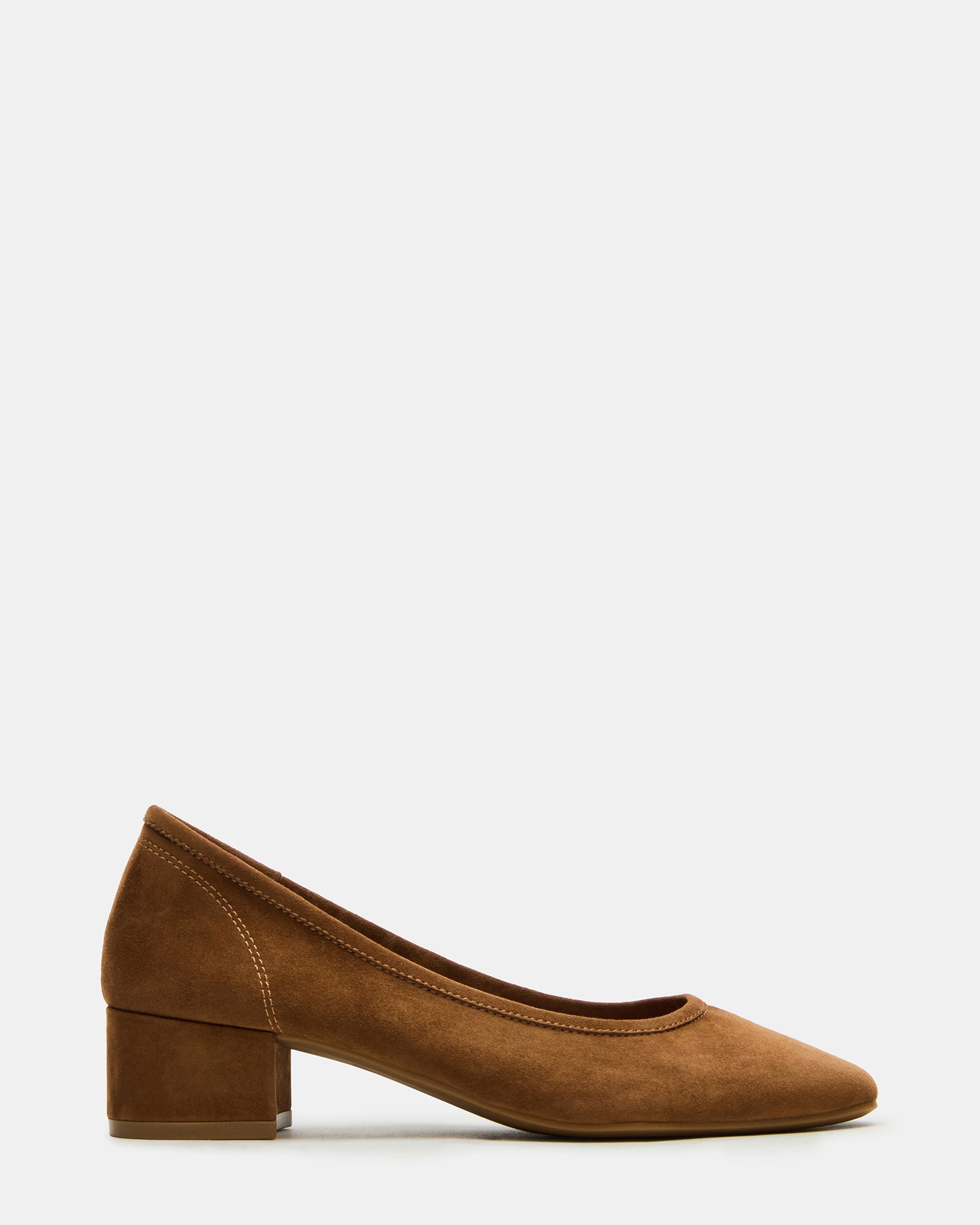 Close-up of Mollie Chestnut suede ballet shoes showing textured suede upper and heel detail