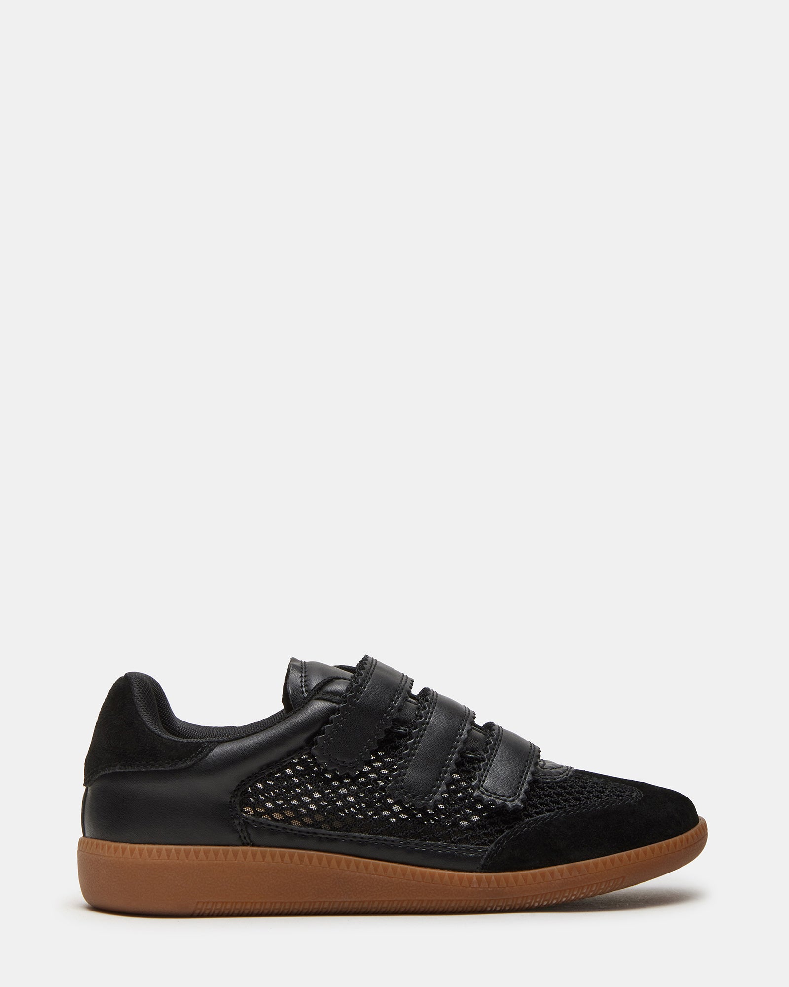 Side view of black mesh Velcro sneakers for women, showcasing design and comfort.