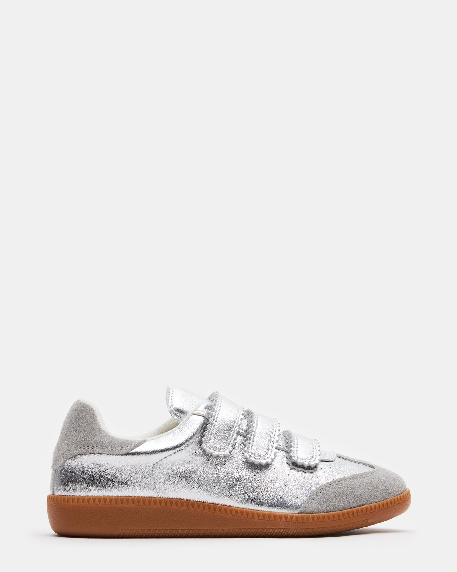 Side view of black leather sneakers with suede trim and velcro strap