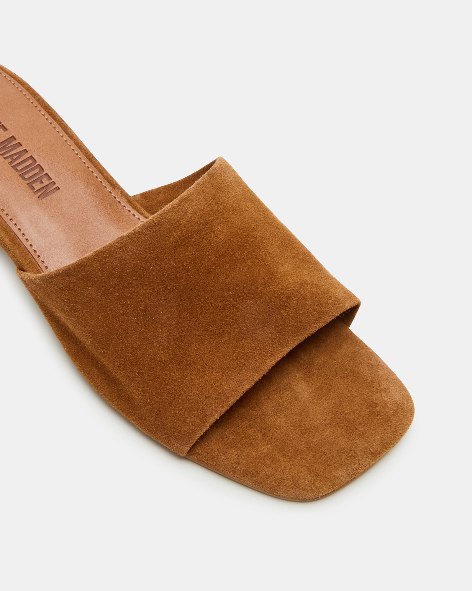 Top view of chestnut suede sandals with square toe design