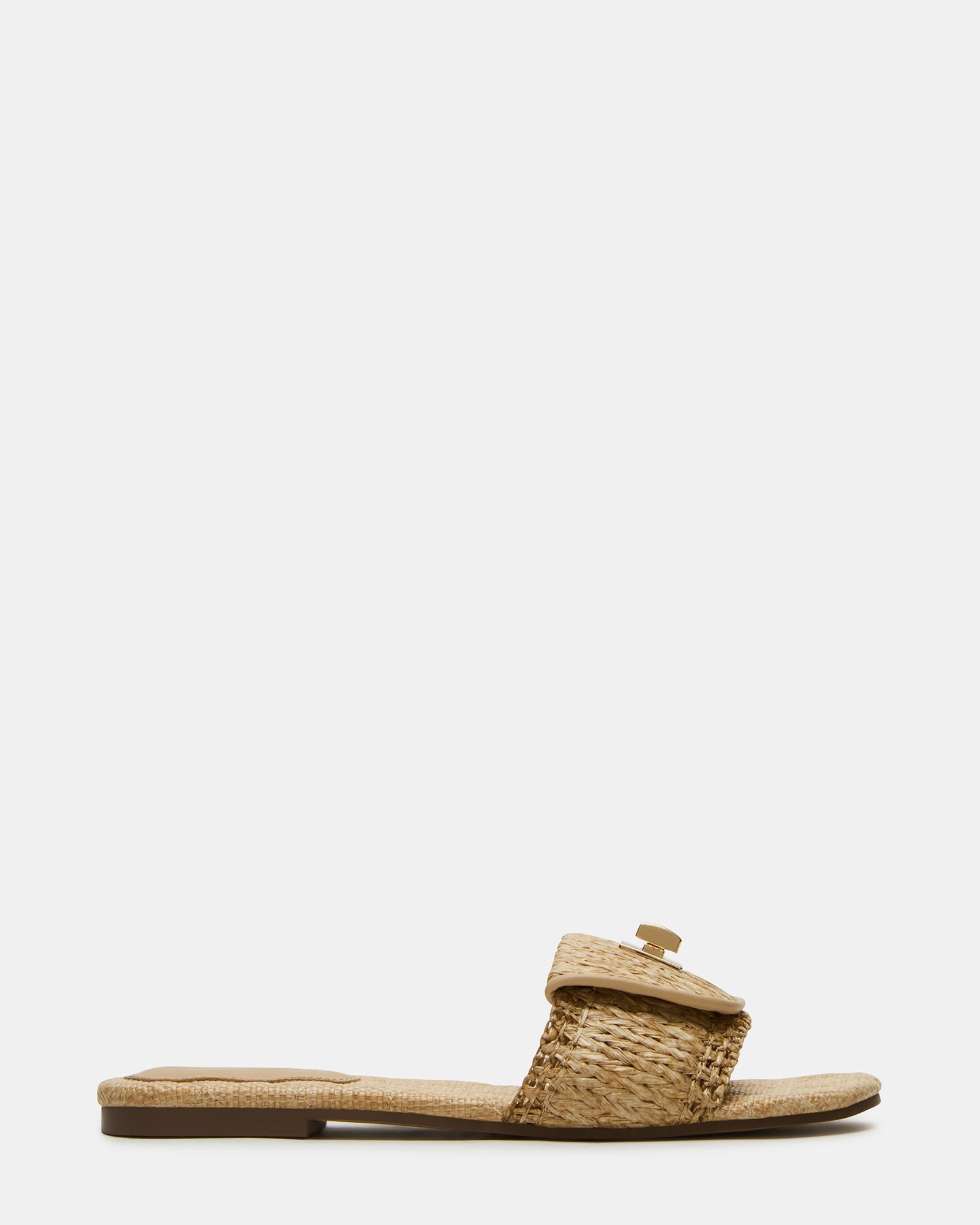 Close-up of Moreland raffia sandals showcasing the buckle design on a neutral background.