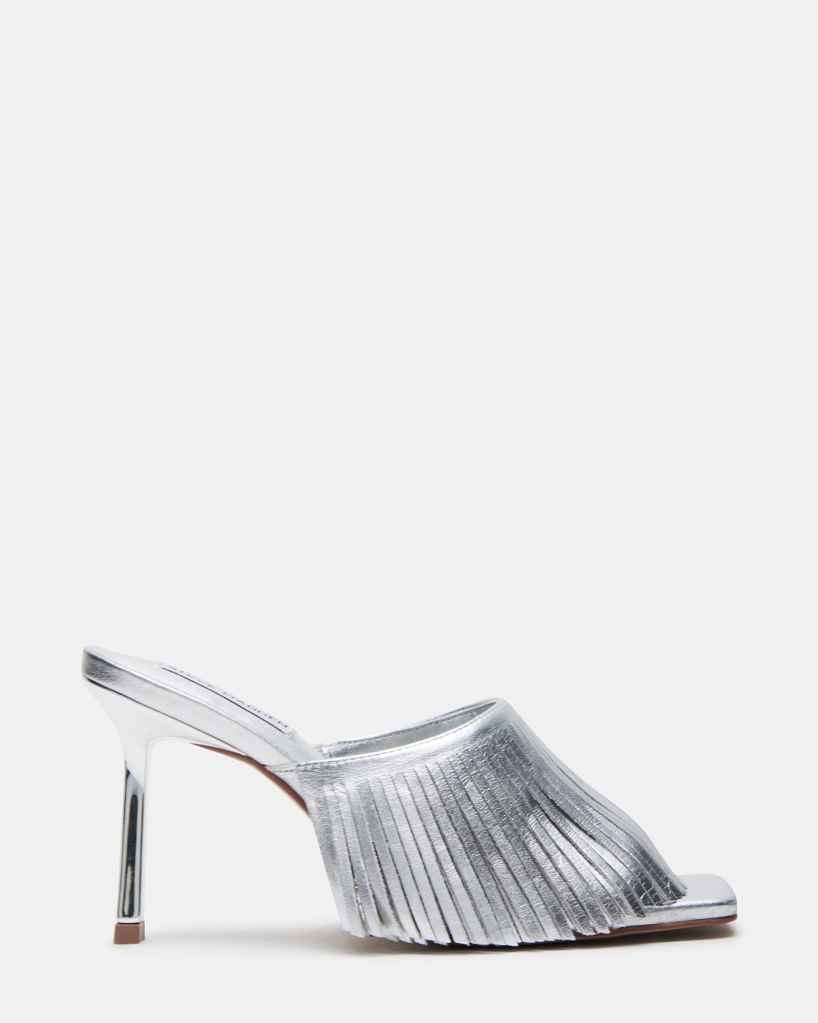 Side view of silver leather high heels with fringe detail, suitable for formal events