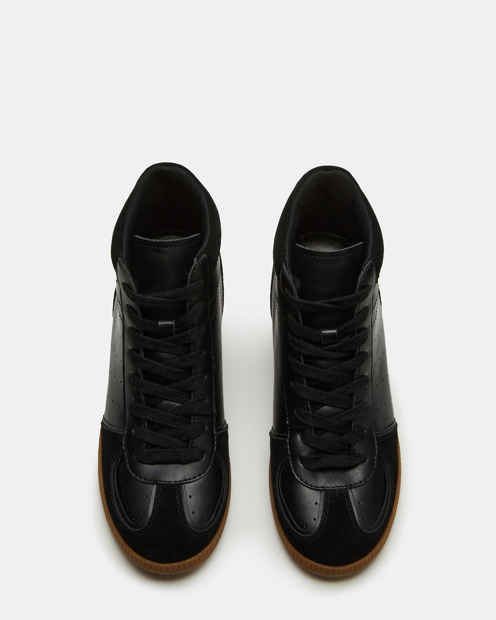 Side view of black high top sneakers with hidden wedge for women