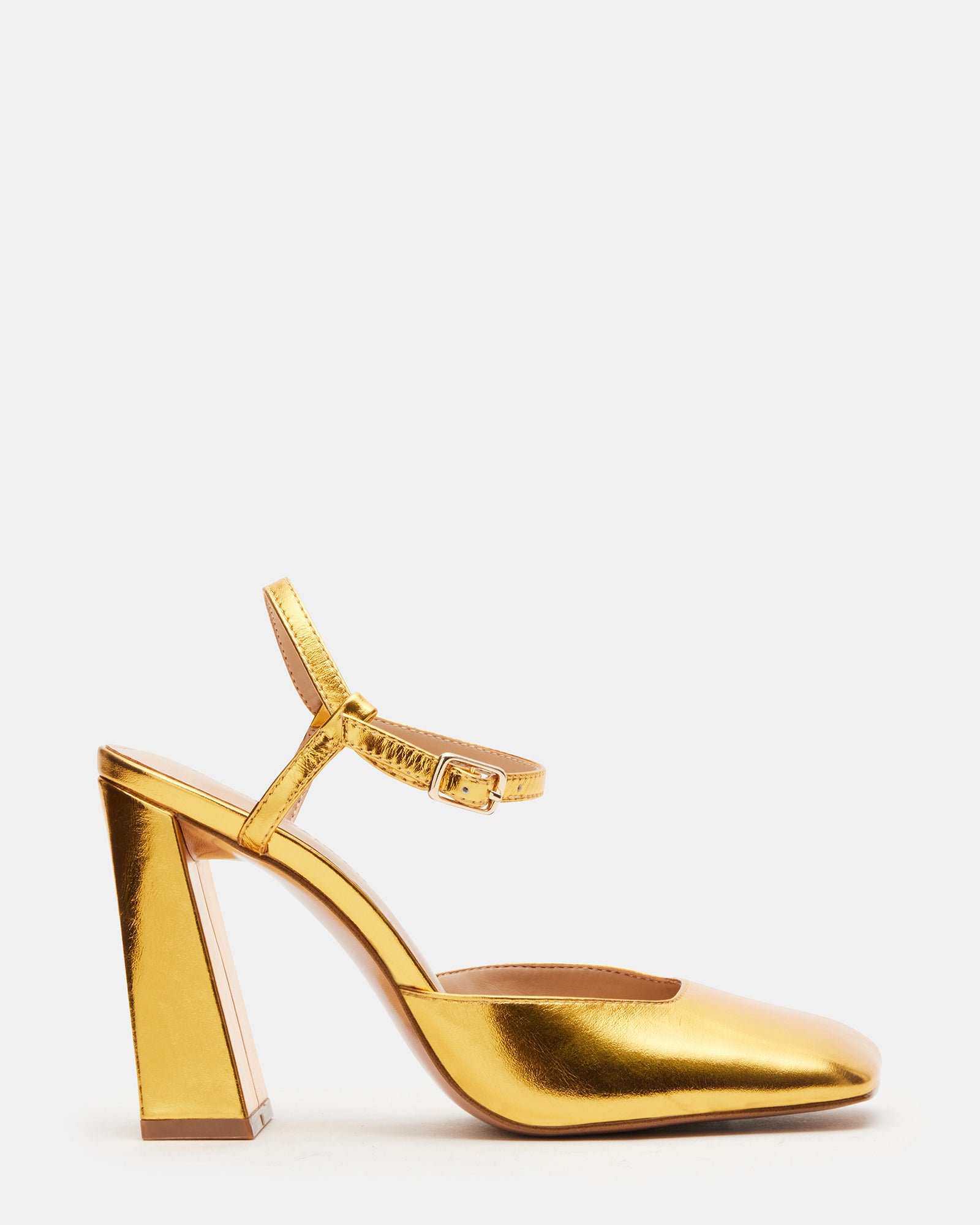 Mosaic Gold Square Toe Heels in a stylish angle with ankle strap.