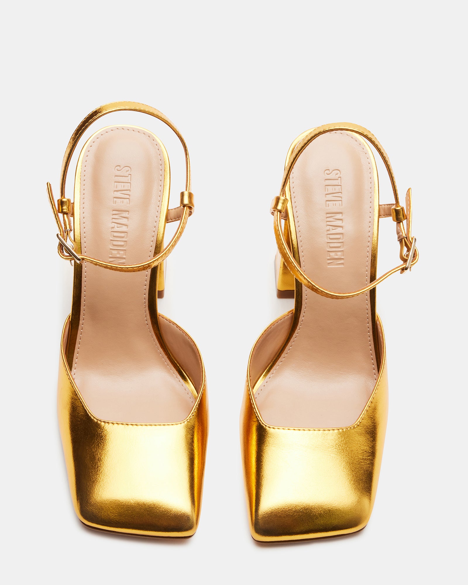 Mosaic Gold Square Toe Heels in a stylish angle with ankle strap.