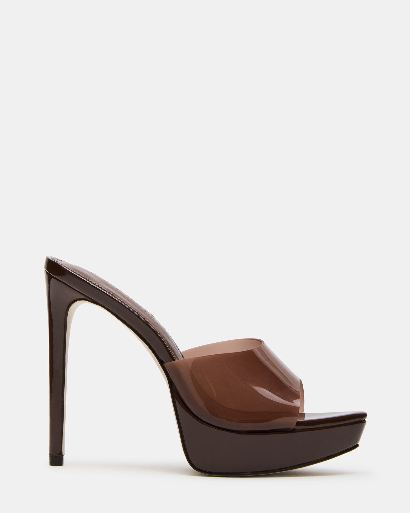 Side view of brown platform stiletto mule heels showcasing the elegant design.