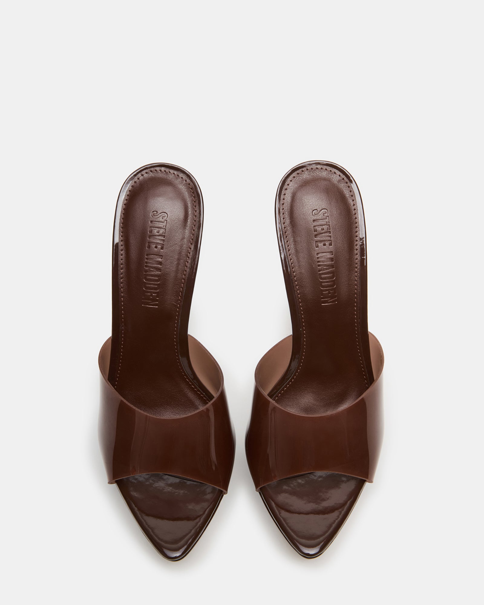 Side view of brown platform stiletto mule heels showcasing the elegant design.